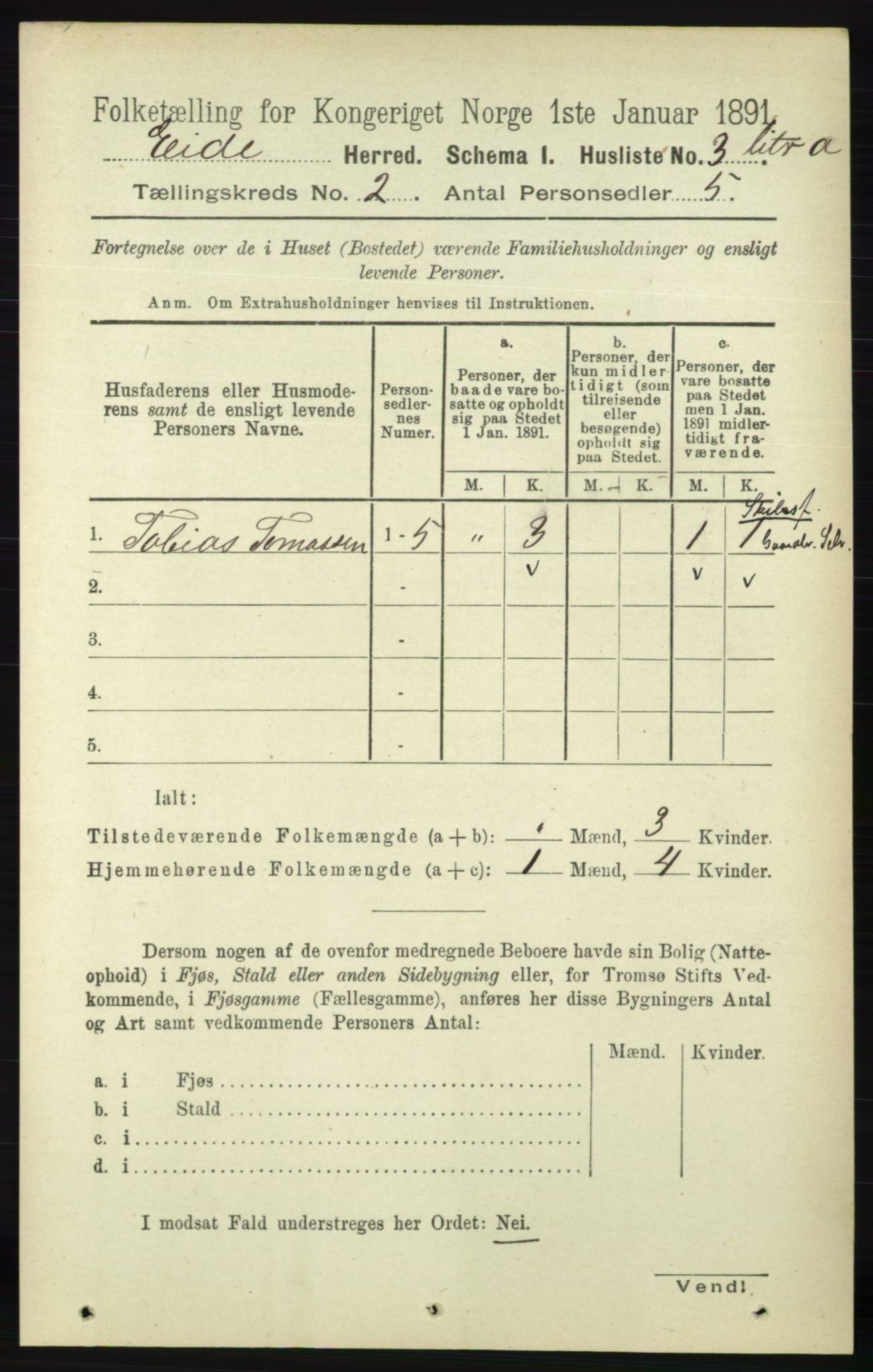 RA, 1891 census for 0925 Eide, 1891, p. 283