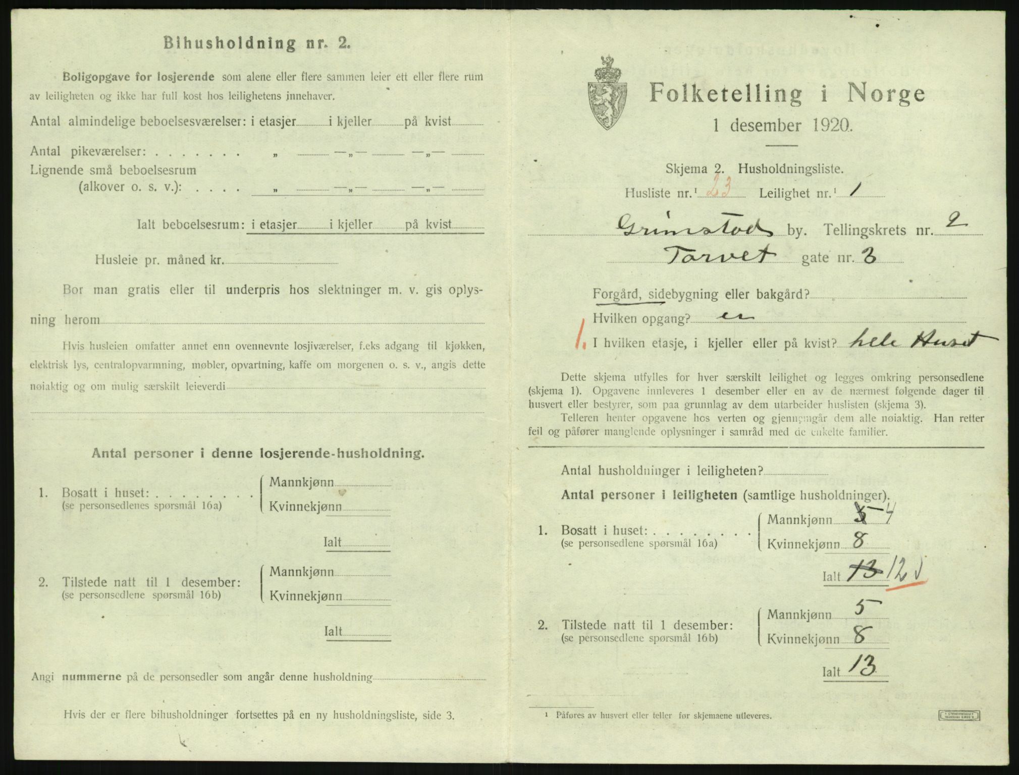 SAK, 1920 census for Grimstad, 1920, p. 1333