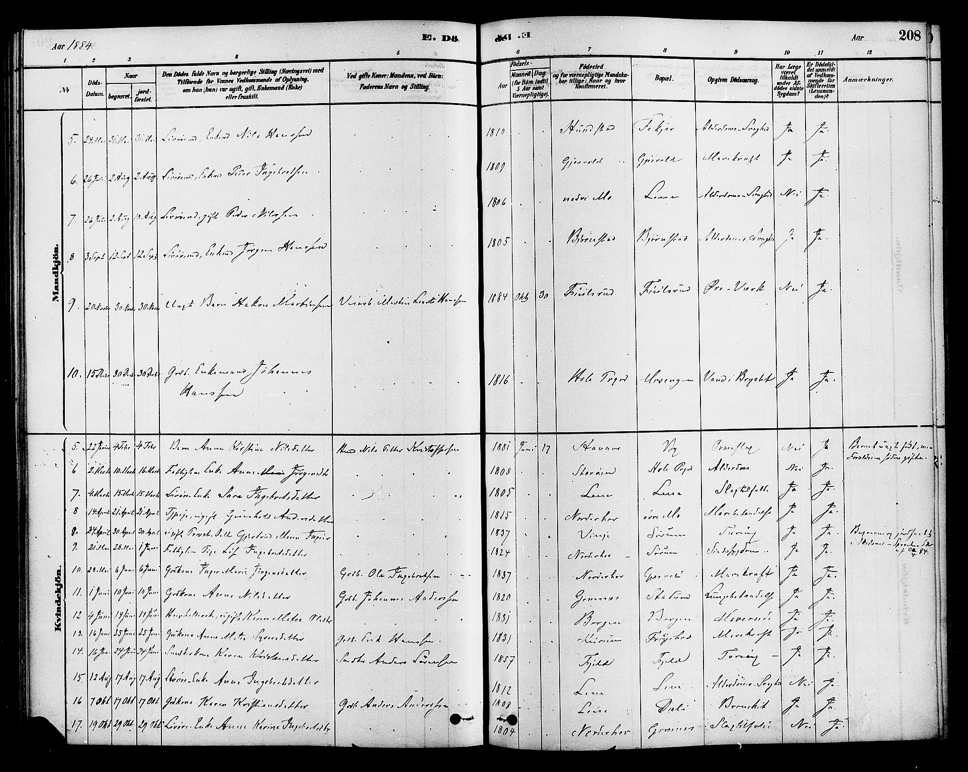 Hole kirkebøker, SAKO/A-228/F/Fa/L0008: Parish register (official) no. I 8, 1878-1891, p. 208