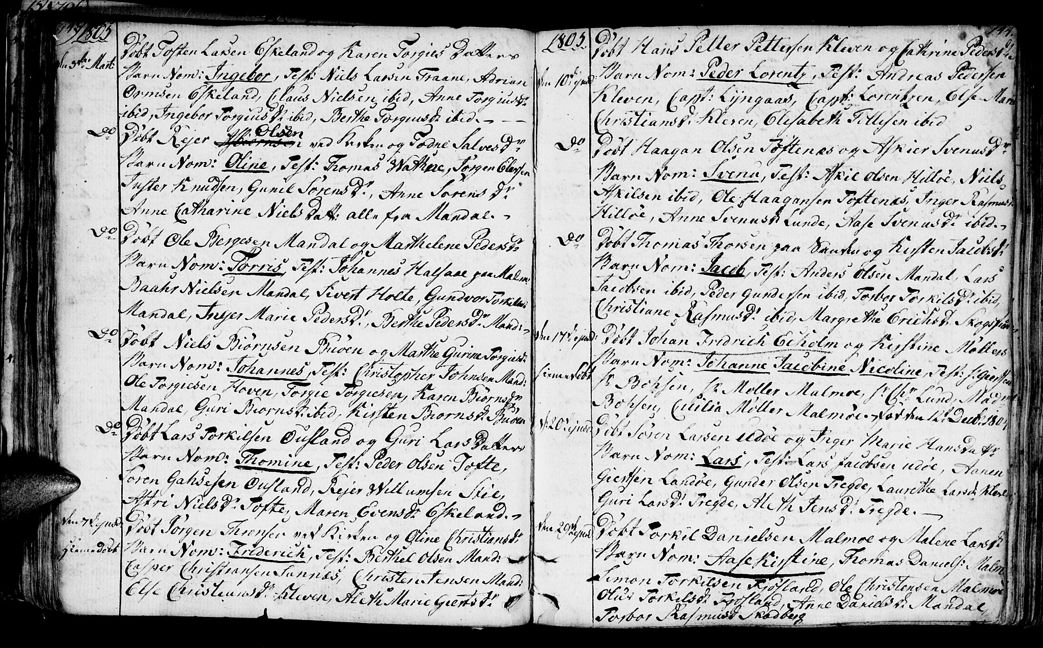 Mandal sokneprestkontor, SAK/1111-0030/F/Fa/Faa/L0008: Parish register (official) no. A 8, 1794-1817, p. 143-144