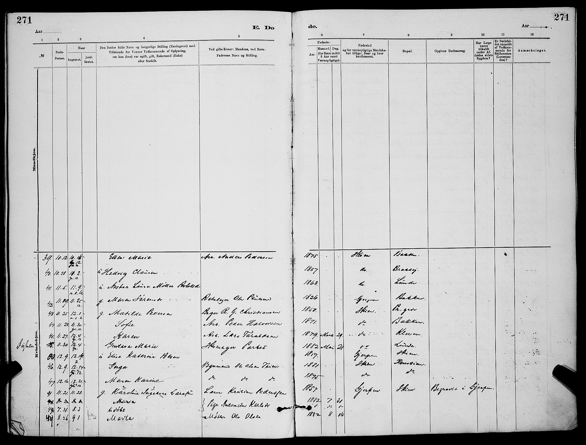 Skien kirkebøker, SAKO/A-302/G/Ga/L0006: Parish register (copy) no. 6, 1881-1890, p. 271