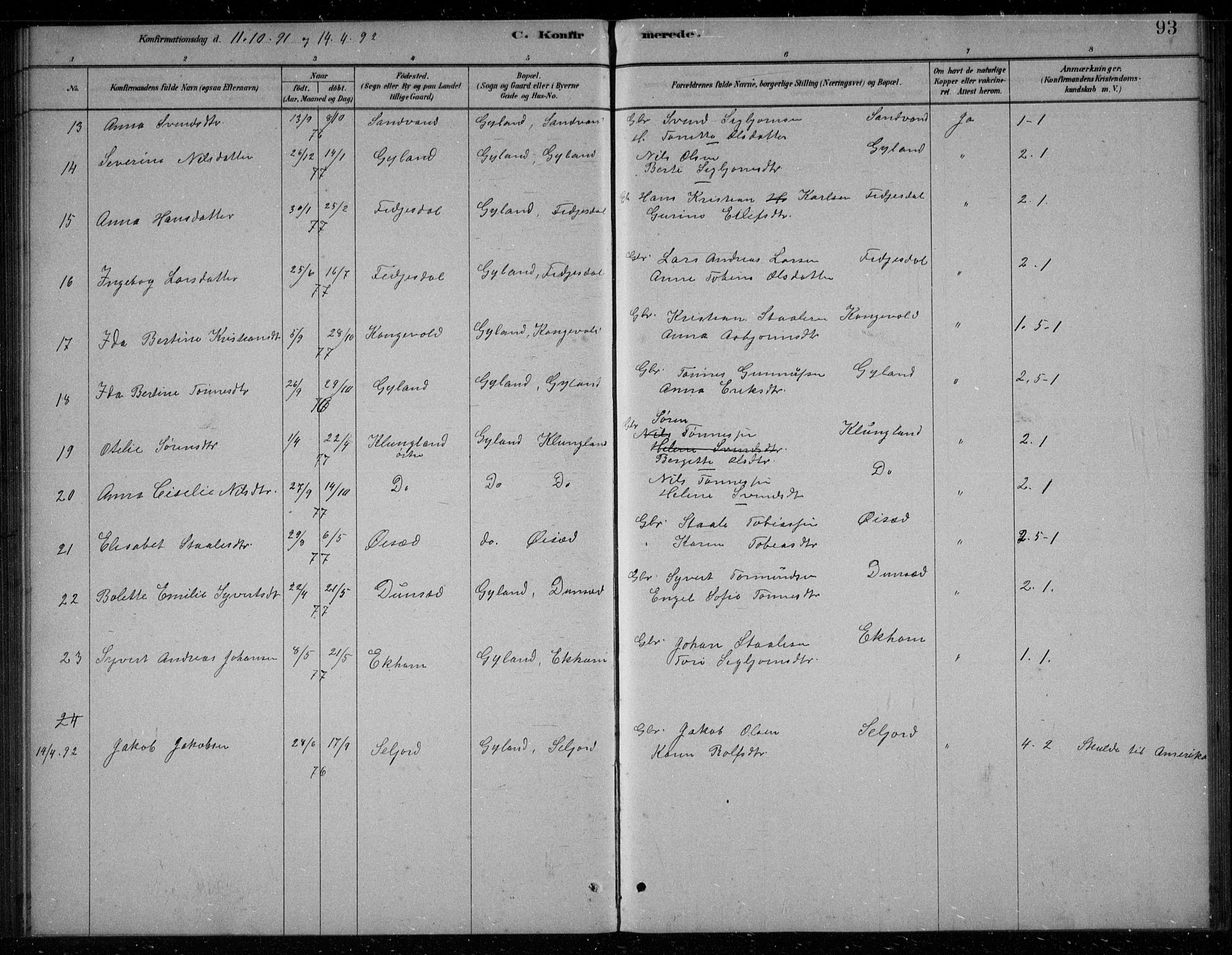 Bakke sokneprestkontor, SAK/1111-0002/F/Fb/Fbb/L0003: Parish register (copy) no. B 3, 1878-1896, p. 93