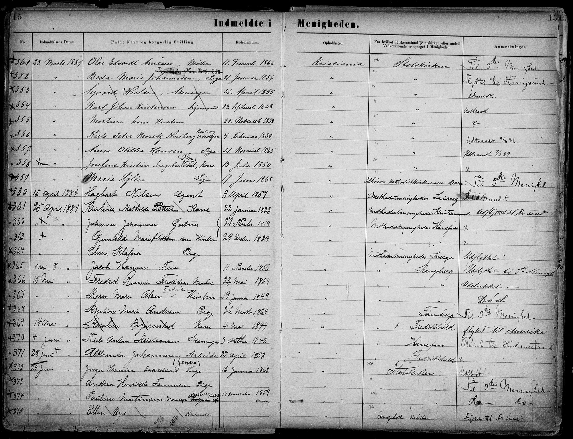 Første Metodistkirke Oslo -  menighetsprotokoller, SAO/PAO-0067/F/L0002: Dissenter register no. 2, 1883-1892, p. 15