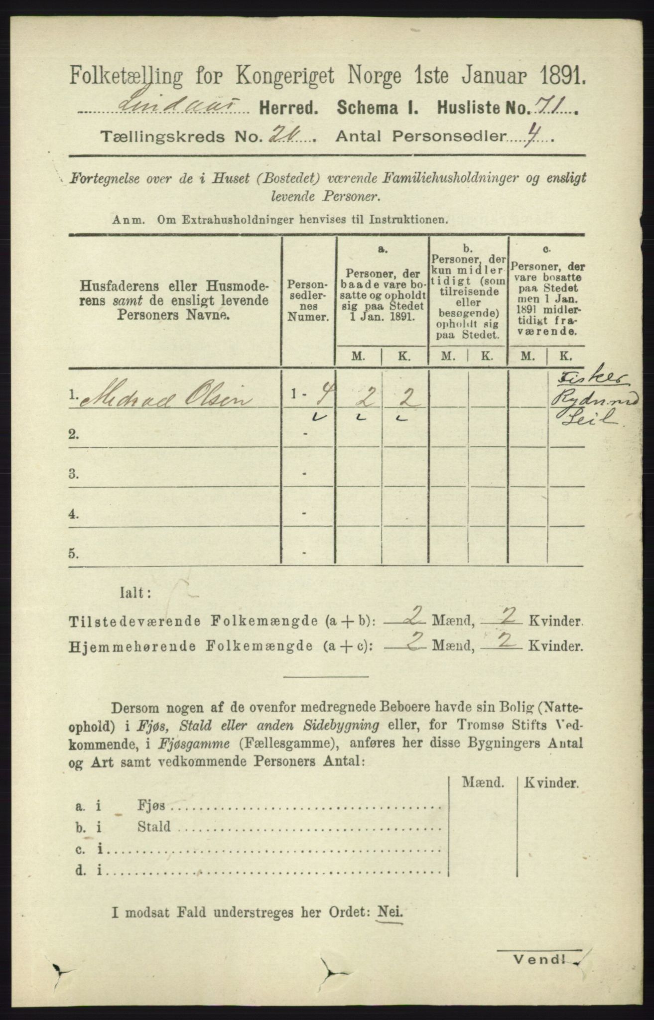 RA, 1891 census for 1263 Lindås, 1891, p. 7345