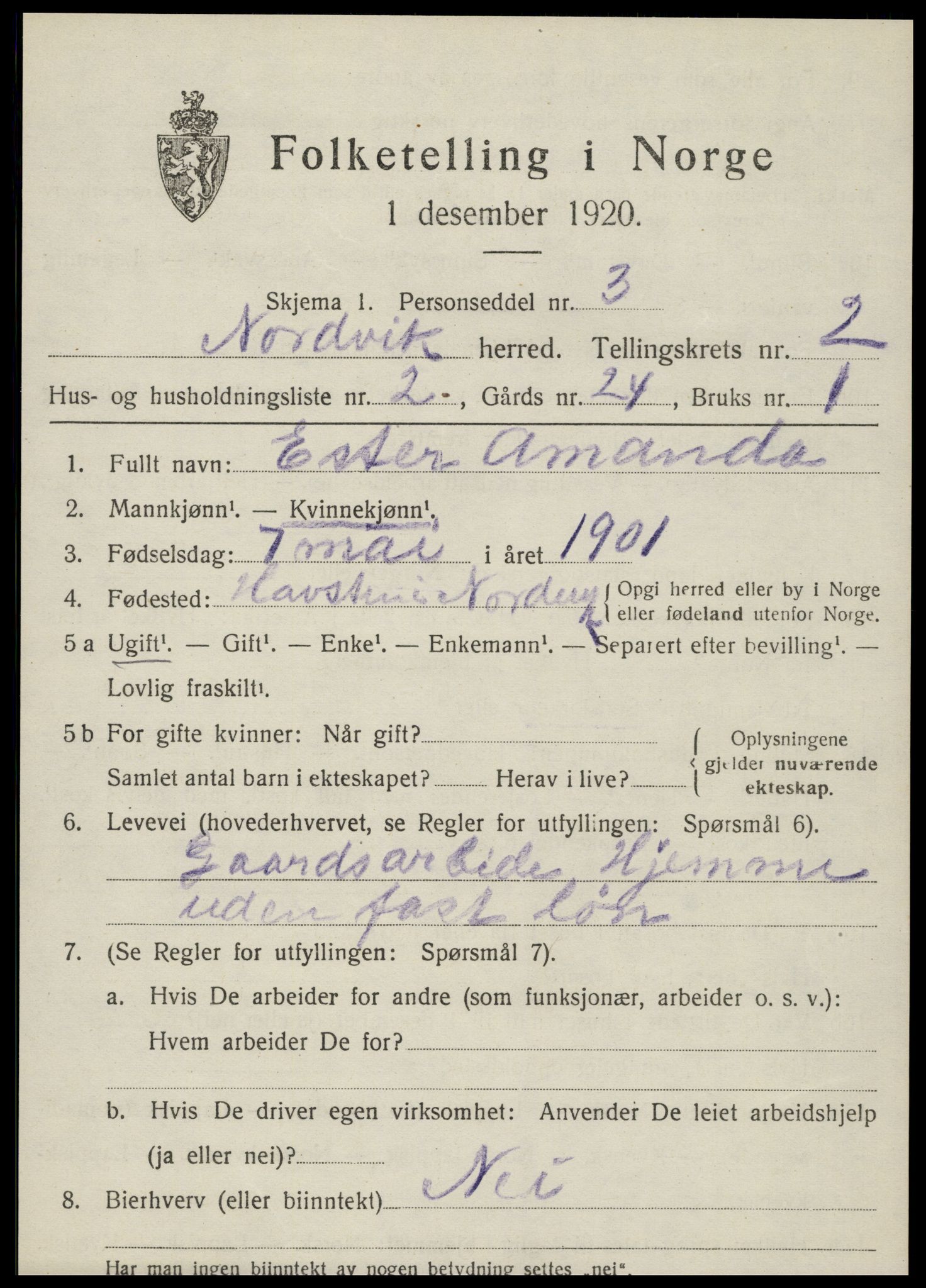 SAT, 1920 census for Nordvik, 1920, p. 1054