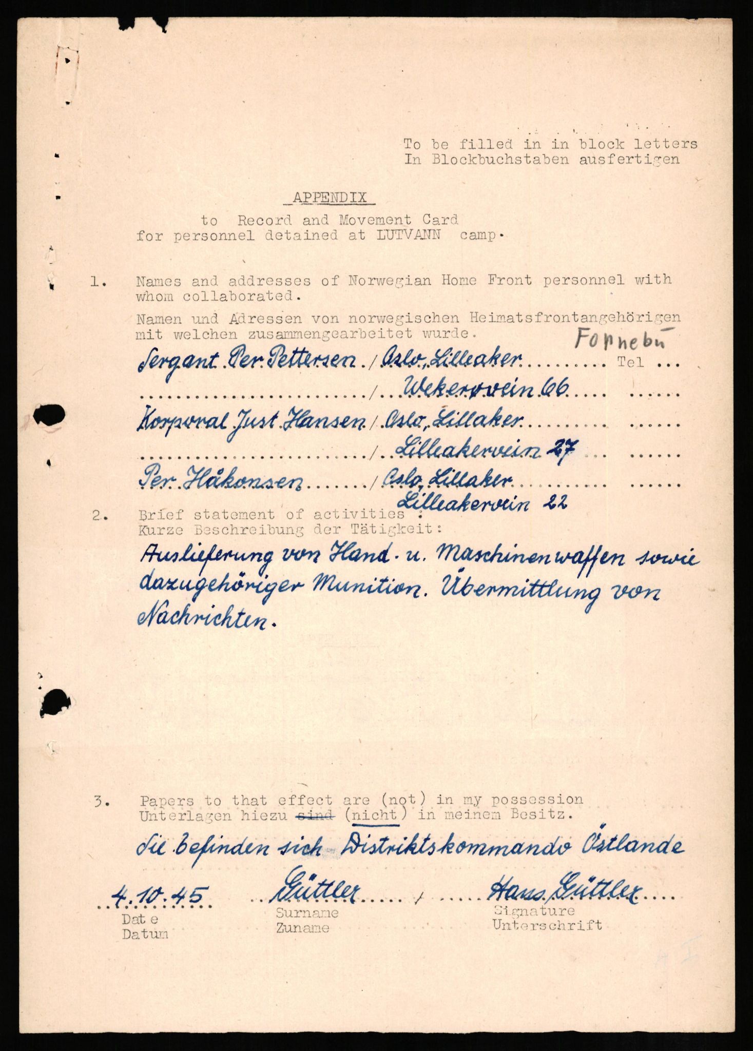 Forsvaret, Forsvarets overkommando II, RA/RAFA-3915/D/Db/L0011: CI Questionaires. Tyske okkupasjonsstyrker i Norge. Tyskere., 1945-1946, p. 24