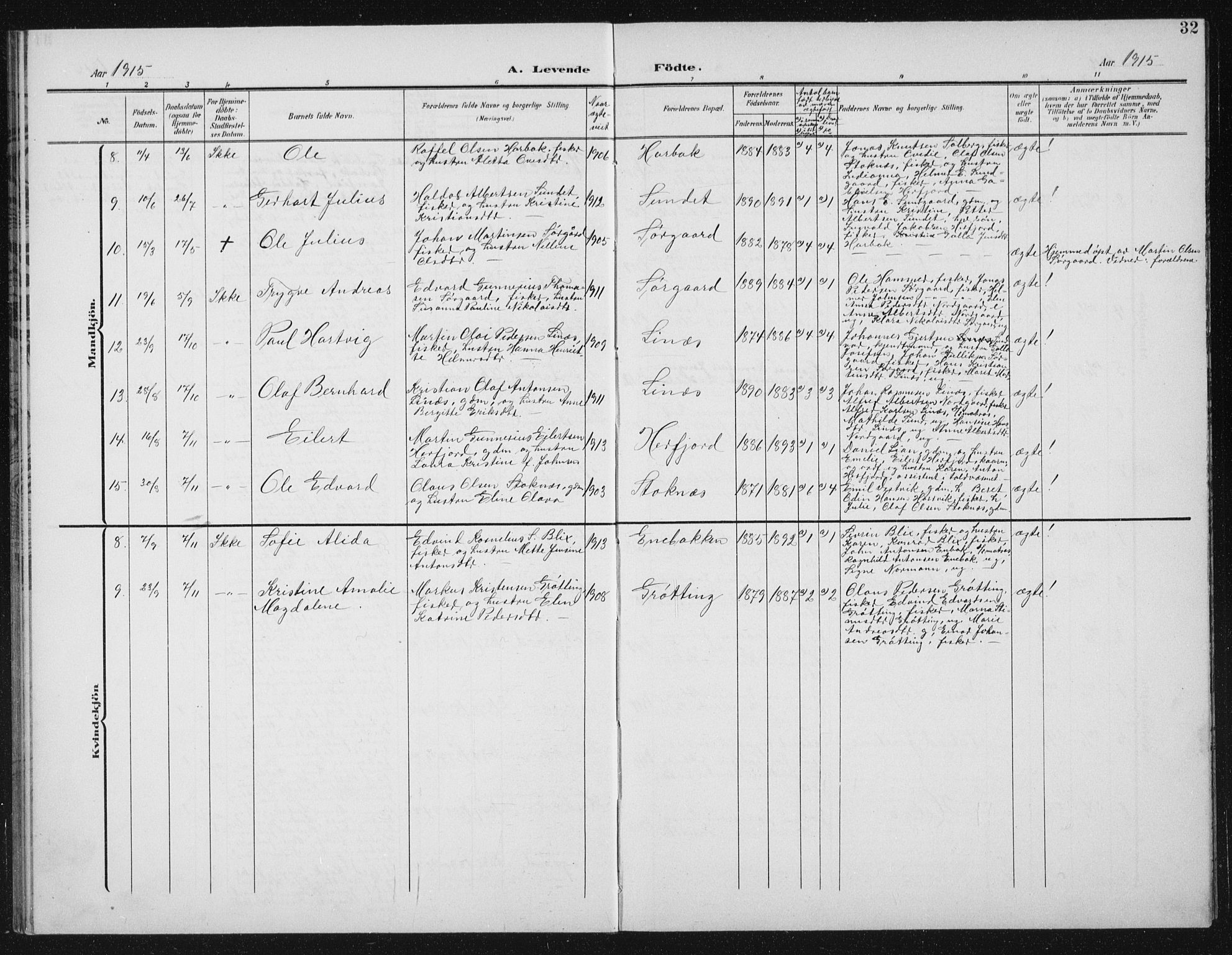 Ministerialprotokoller, klokkerbøker og fødselsregistre - Sør-Trøndelag, SAT/A-1456/656/L0699: Parish register (copy) no. 656C05, 1905-1920, p. 32