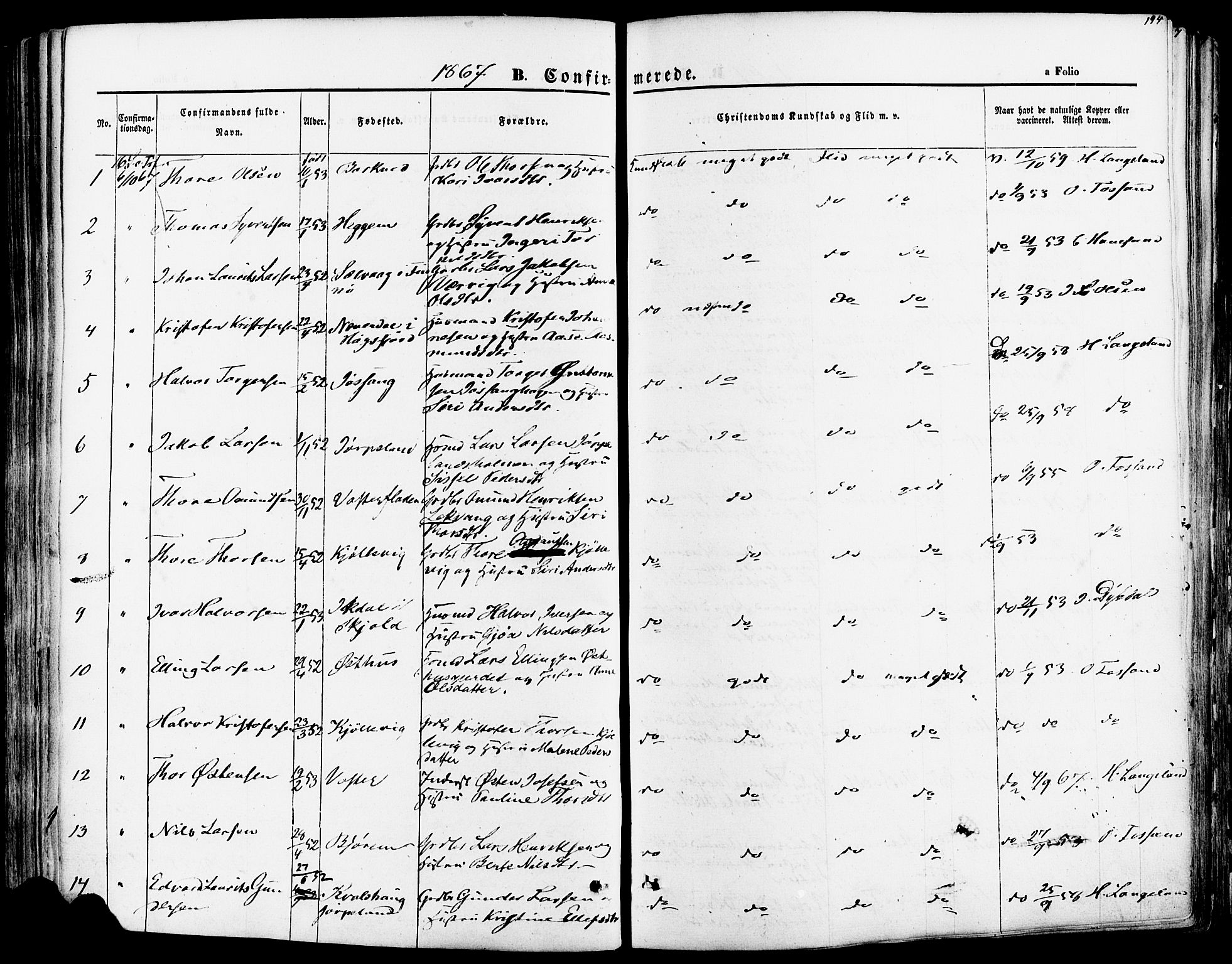 Strand sokneprestkontor, AV/SAST-A-101828/H/Ha/Haa/L0007: Parish register (official) no. A 7, 1855-1881, p. 194