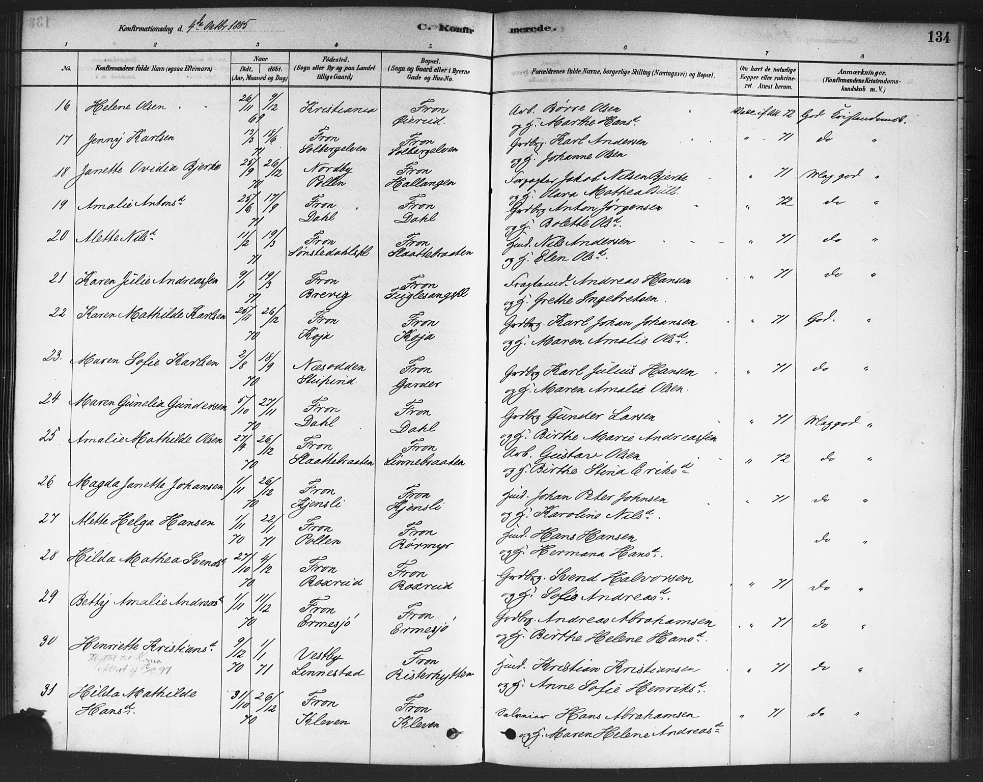 Drøbak prestekontor Kirkebøker, AV/SAO-A-10142a/F/Fc/L0002: Parish register (official) no. III 2, 1878-1891, p. 134