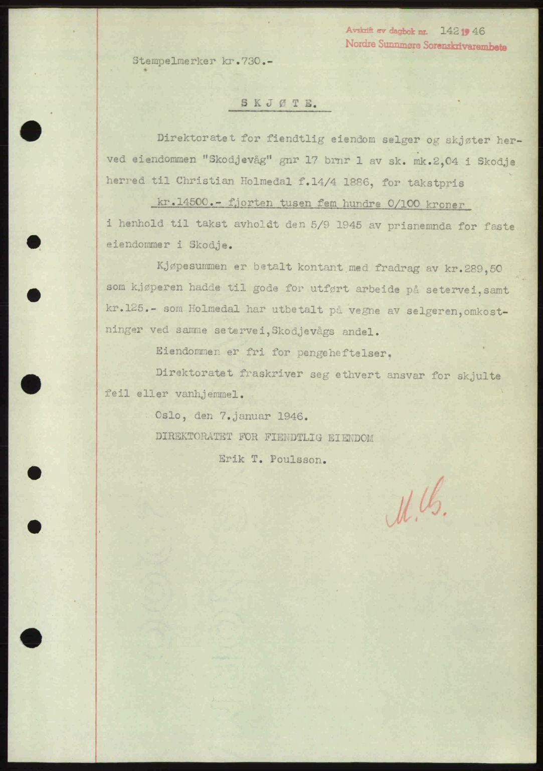 Nordre Sunnmøre sorenskriveri, AV/SAT-A-0006/1/2/2C/2Ca: Mortgage book no. A20b, 1946-1946, Diary no: : 142/1946