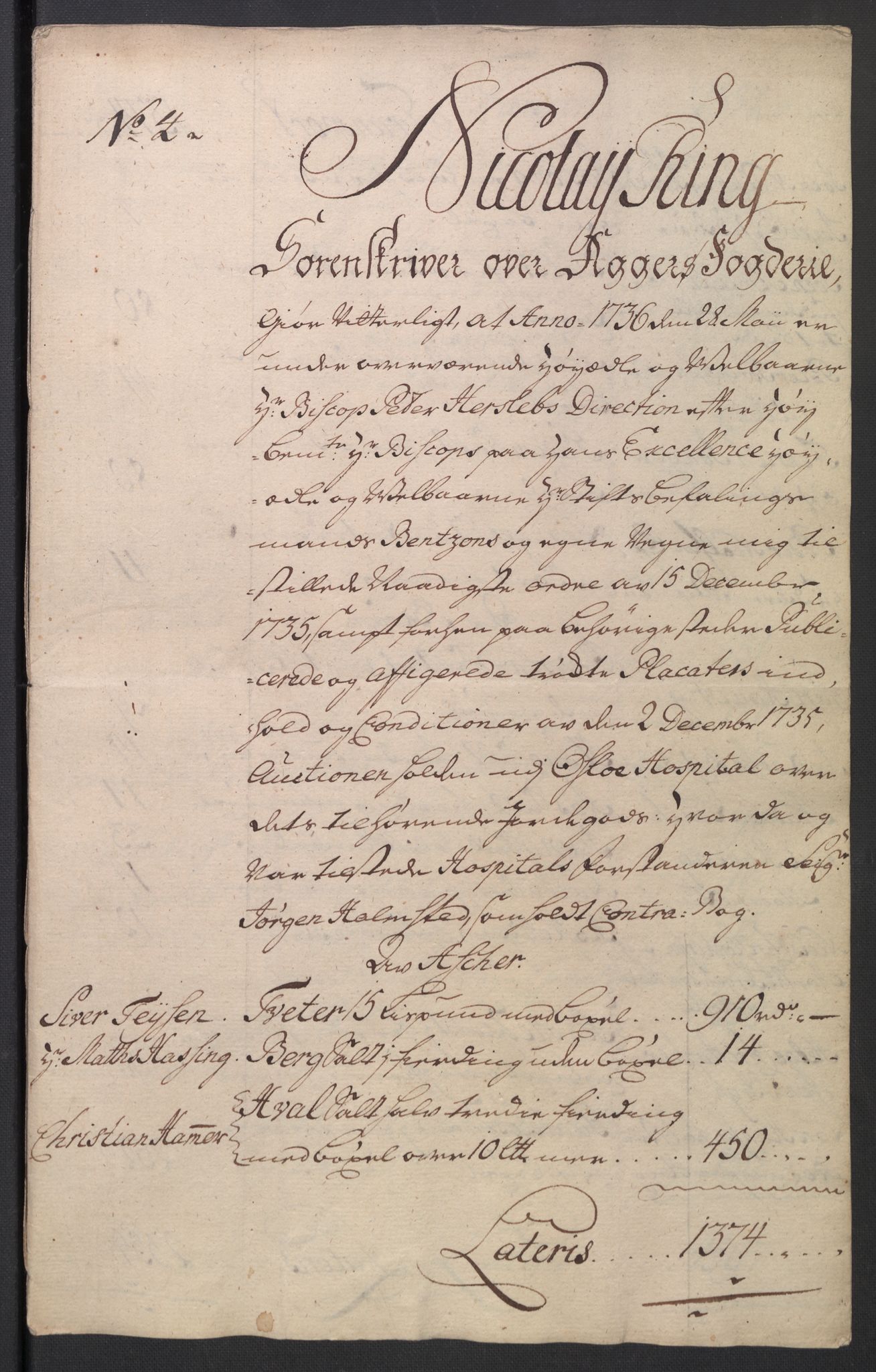 Oslo stiftsdireksjon, SAO/A-11085/K/Kb/L0003/0001: Oslo Hospital / Auksjoner over Hospitalets eiendommer: Auksjonsforretninger med dokumenter, 1736, p. 25