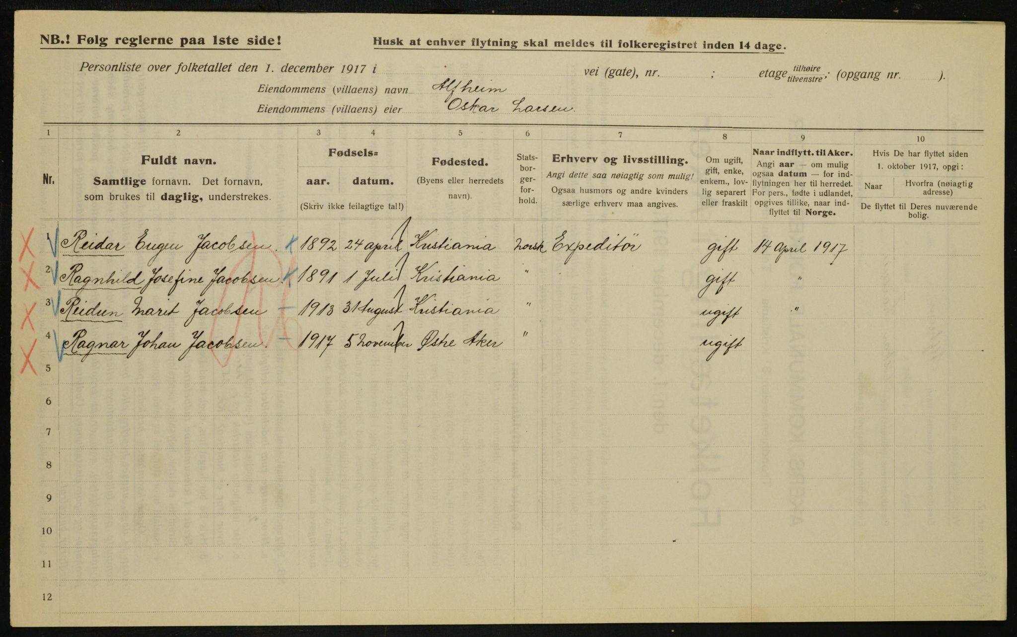 OBA, Municipal Census 1917 for Aker, 1917, p. 27272