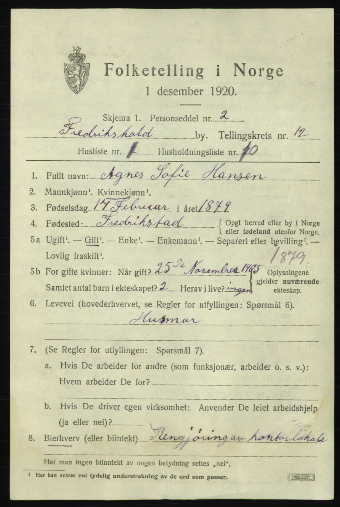 SAO, 1920 census for Fredrikshald, 1920, p. 19813