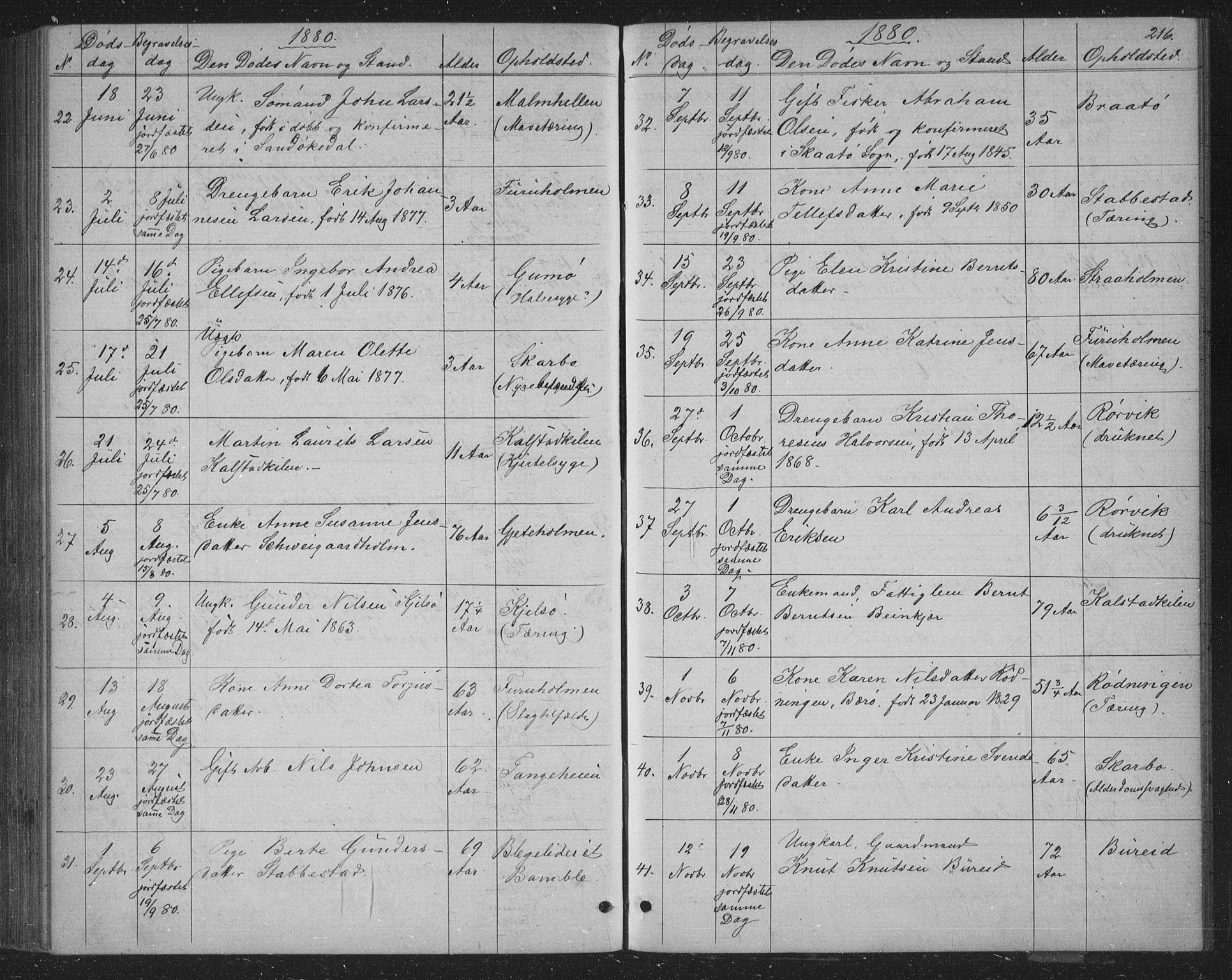 Skåtøy kirkebøker, AV/SAKO-A-304/G/Ga/L0002: Parish register (copy) no. I 2, 1872-1884, p. 216