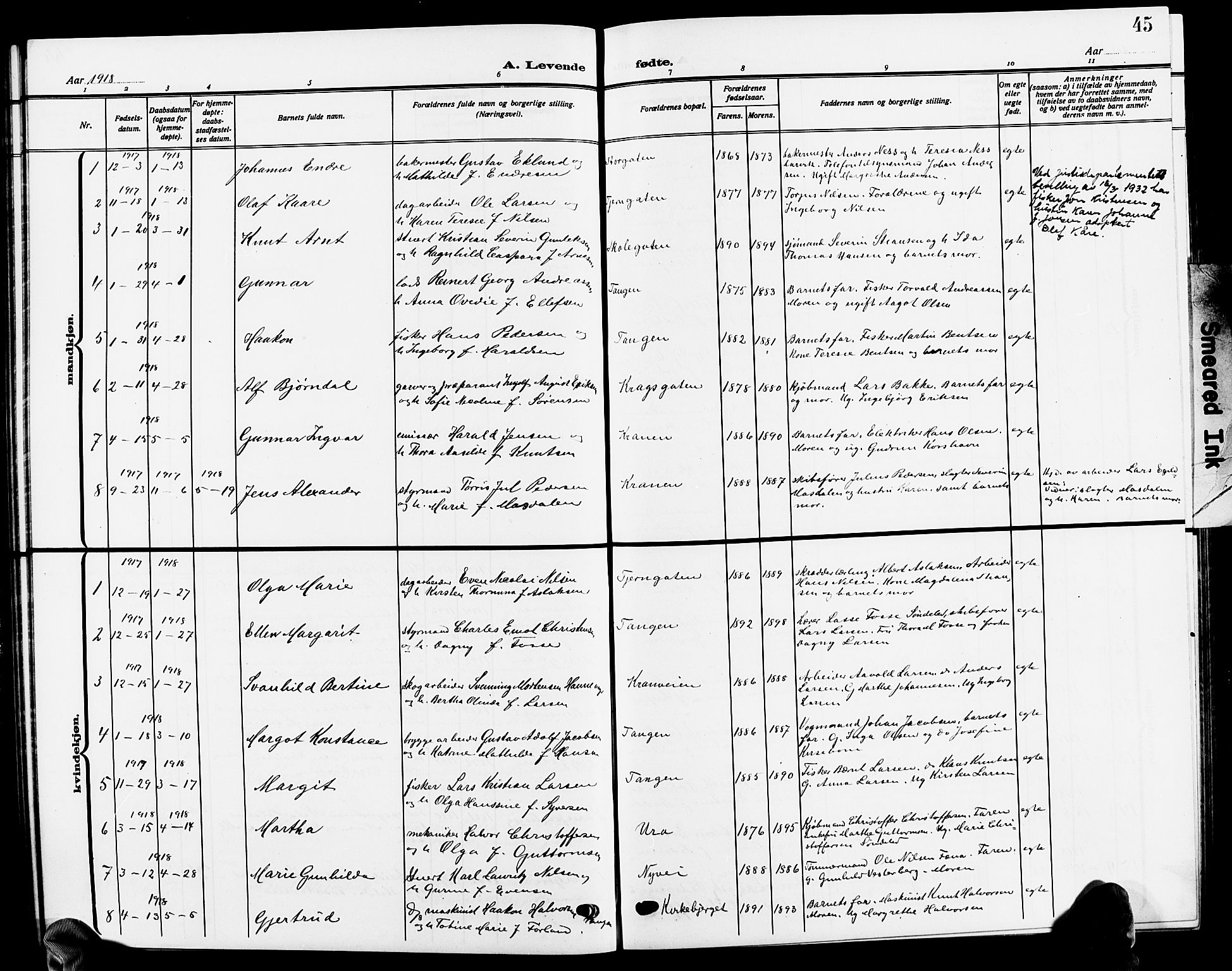 Risør sokneprestkontor, SAK/1111-0035/F/Fb/L0008: Parish register (copy) no. B 8, 1909-1921, p. 45