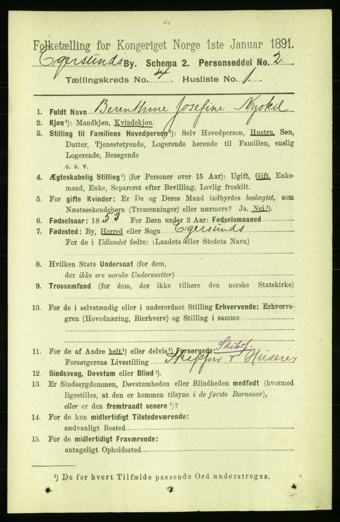 RA, 1891 census for 1101 Egersund, 1891, p. 601