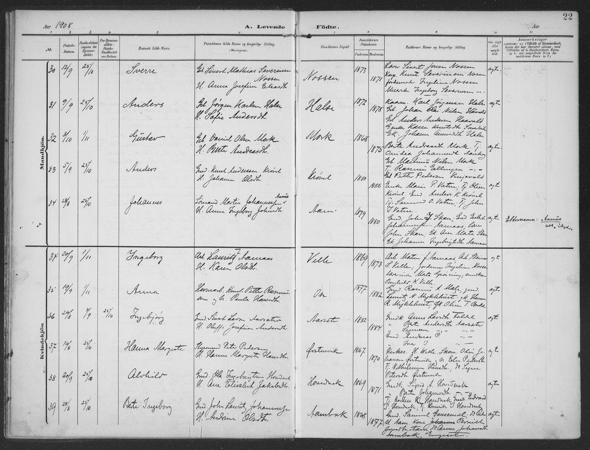 Ministerialprotokoller, klokkerbøker og fødselsregistre - Møre og Romsdal, SAT/A-1454/513/L0178: Parish register (official) no. 513A05, 1906-1919, p. 22