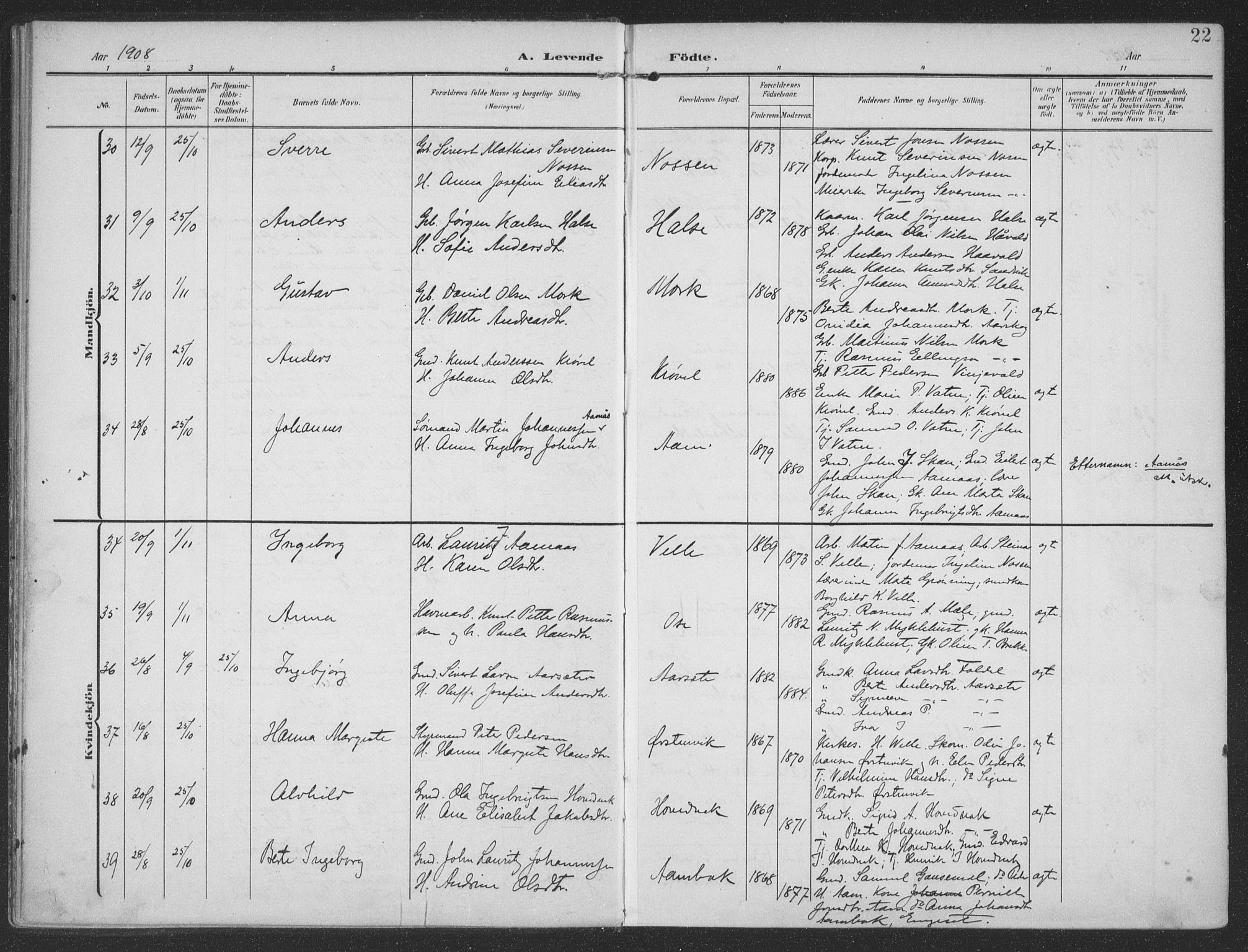 Ministerialprotokoller, klokkerbøker og fødselsregistre - Møre og Romsdal, AV/SAT-A-1454/513/L0178: Parish register (official) no. 513A05, 1906-1919, p. 22