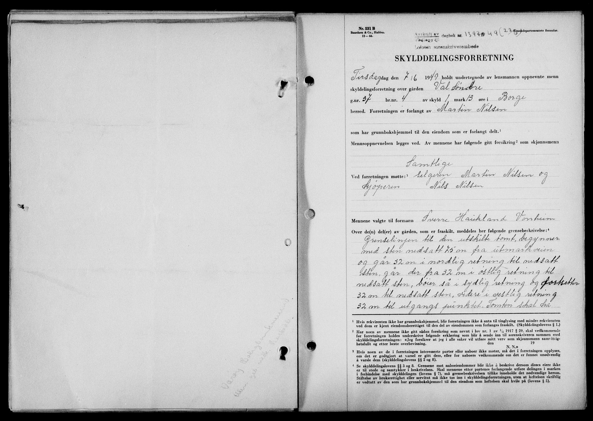 Lofoten sorenskriveri, SAT/A-0017/1/2/2C/L0021a: Mortgage book no. 21a, 1949-1949, Diary no: : 1397/1949