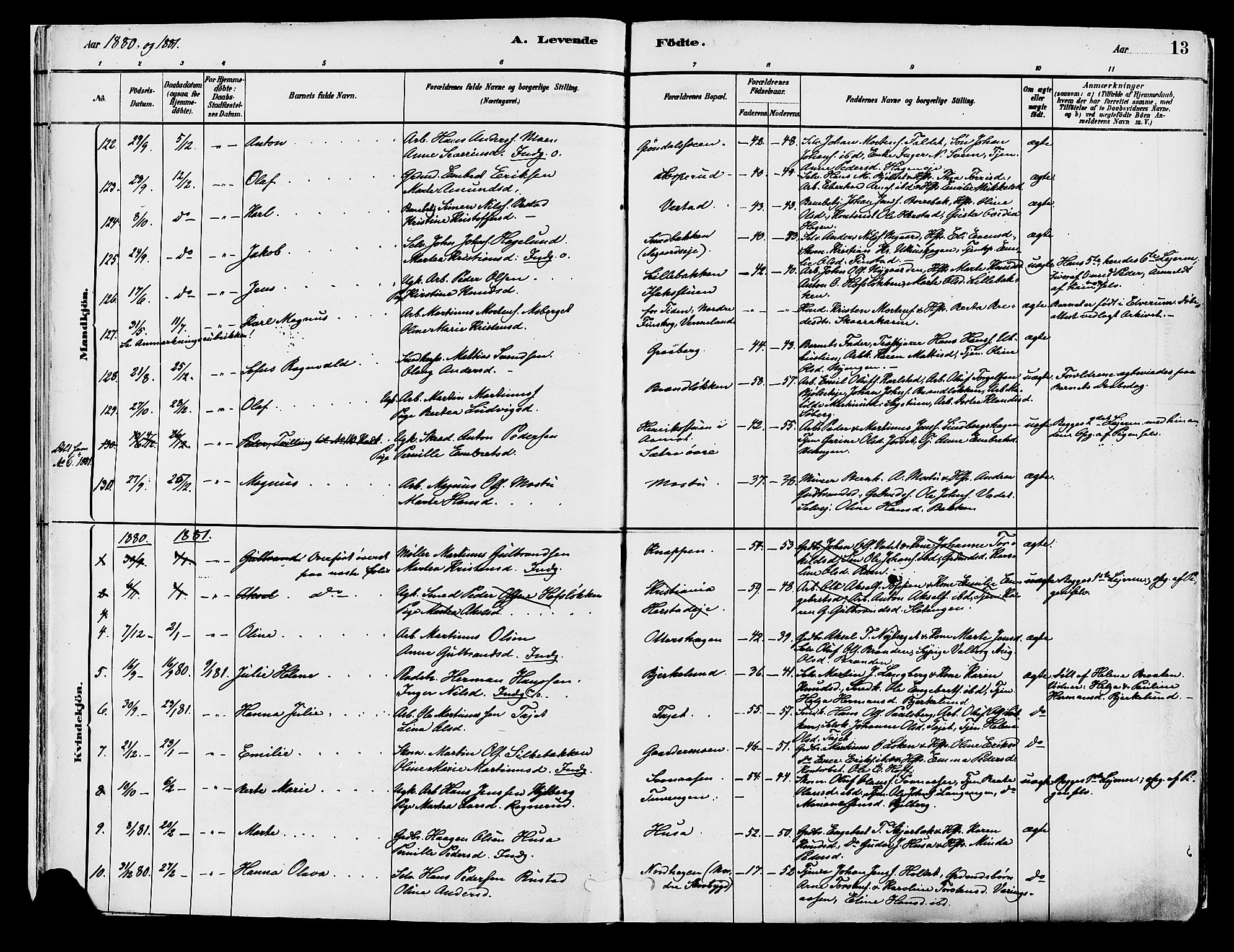 Elverum prestekontor, AV/SAH-PREST-044/H/Ha/Haa/L0013: Parish register (official) no. 13, 1880-1890, p. 13