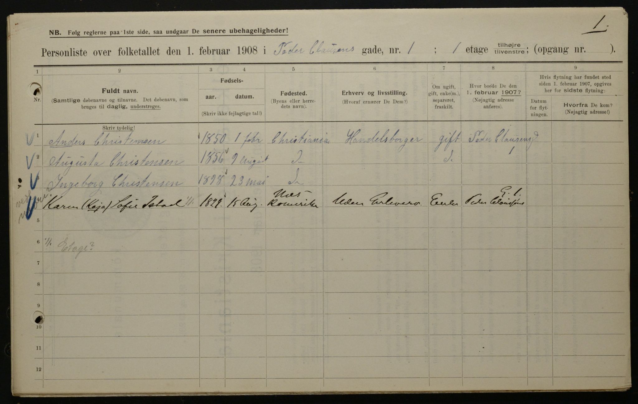 OBA, Municipal Census 1908 for Kristiania, 1908, p. 70580