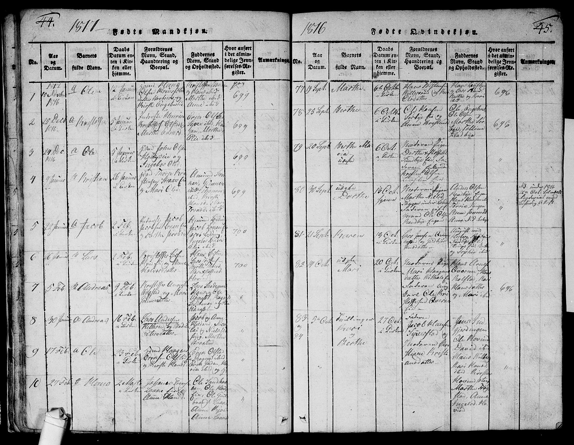 Ullensaker prestekontor Kirkebøker, AV/SAO-A-10236a/G/Ga/L0001: Parish register (copy) no. I 1, 1815-1835, p. 44-45