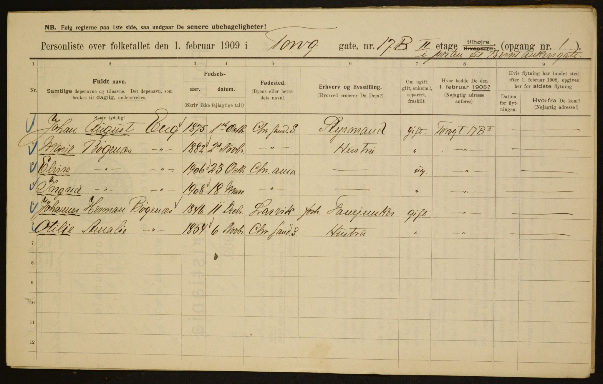 OBA, Municipal Census 1909 for Kristiania, 1909, p. 103411