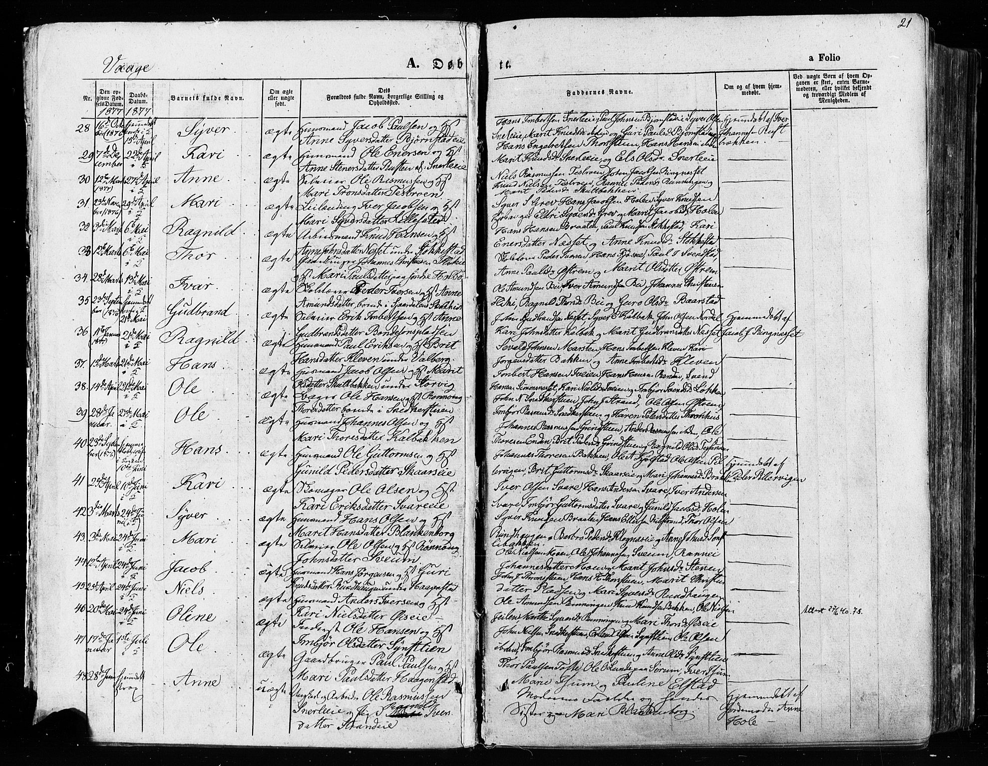 Vågå prestekontor, AV/SAH-PREST-076/H/Ha/Haa/L0007: Parish register (official) no. 7 /1, 1872-1886, p. 21