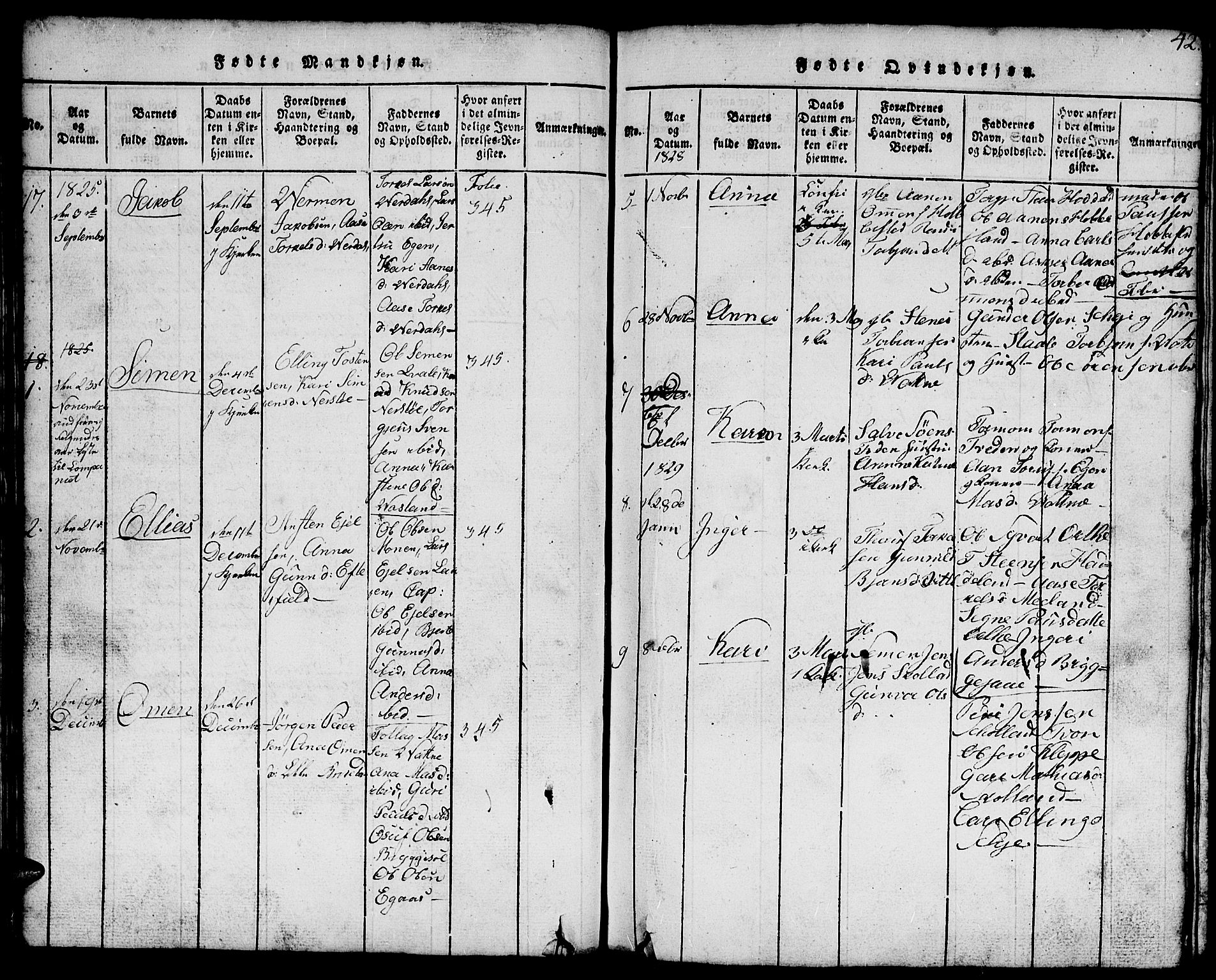 Hægebostad sokneprestkontor, SAK/1111-0024/F/Fb/Fbb/L0001: Parish register (copy) no. B 1, 1816-1850, p. 42