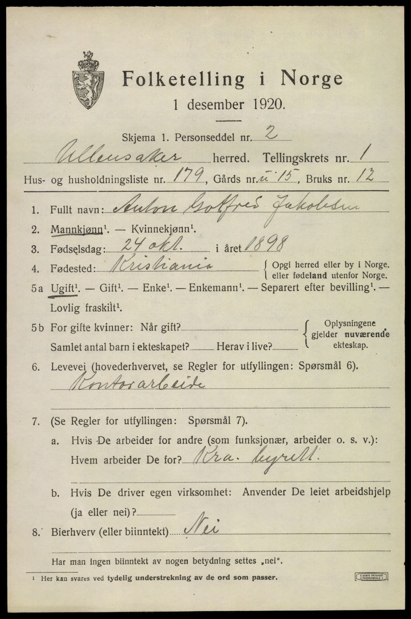 SAO, 1920 census for Ullensaker, 1920, p. 4663