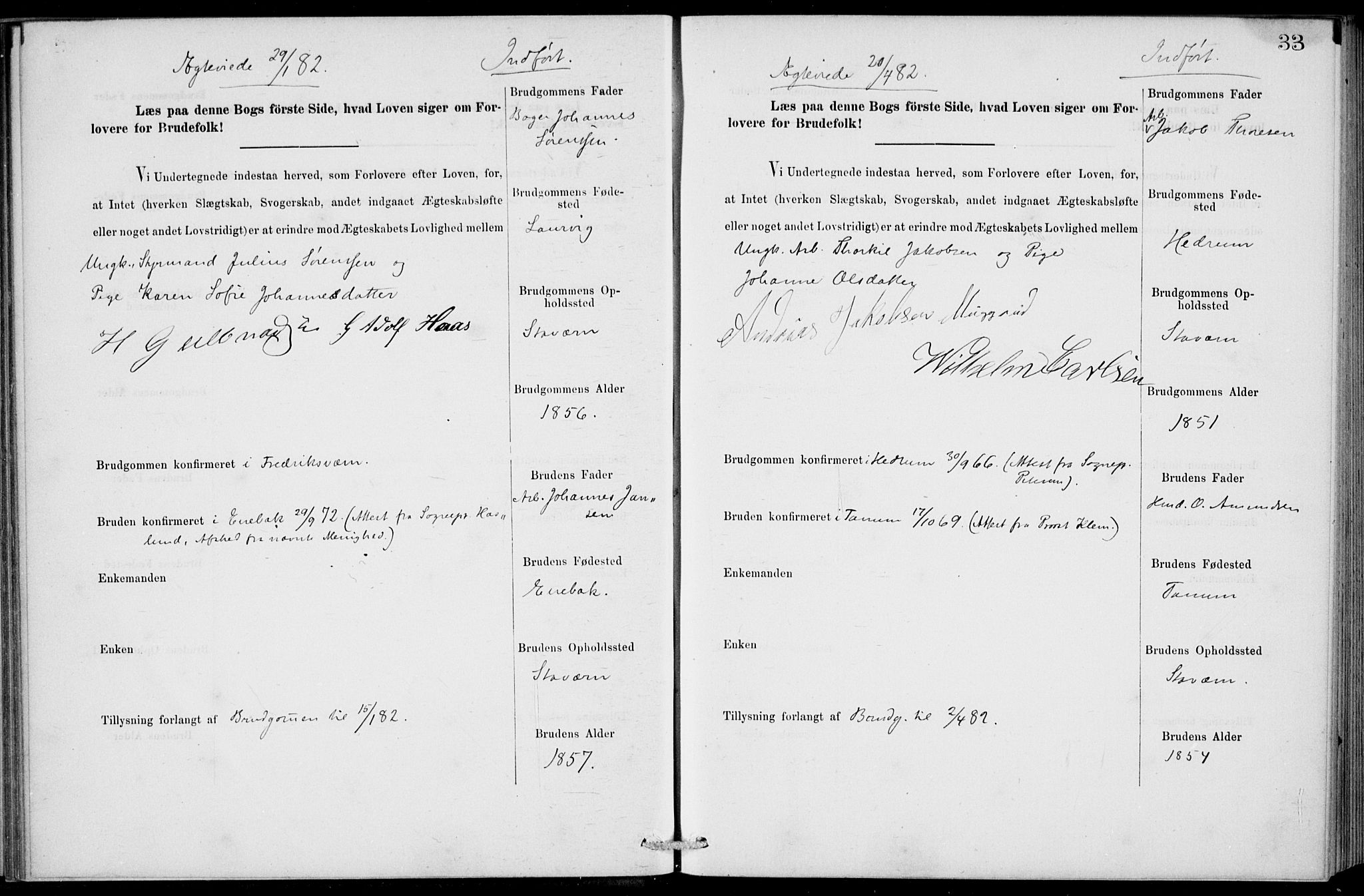 Stavern kirkebøker, SAKO/A-318/H/Ha/L0001: Banns register no. 1, 1875-1918, p. 33