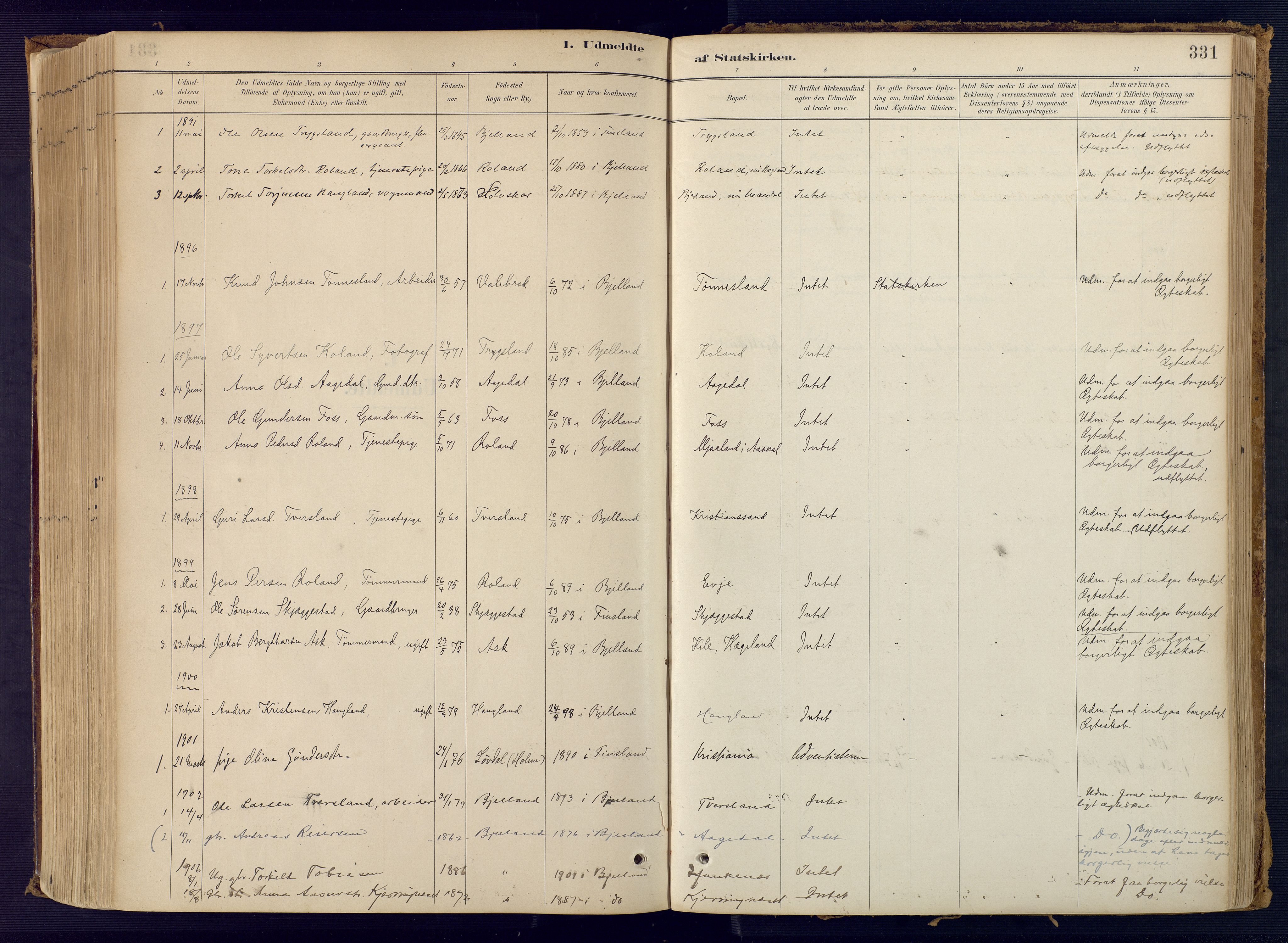 Bjelland sokneprestkontor, SAK/1111-0005/F/Fa/Faa/L0004: Parish register (official) no. A 4, 1887-1923, p. 331