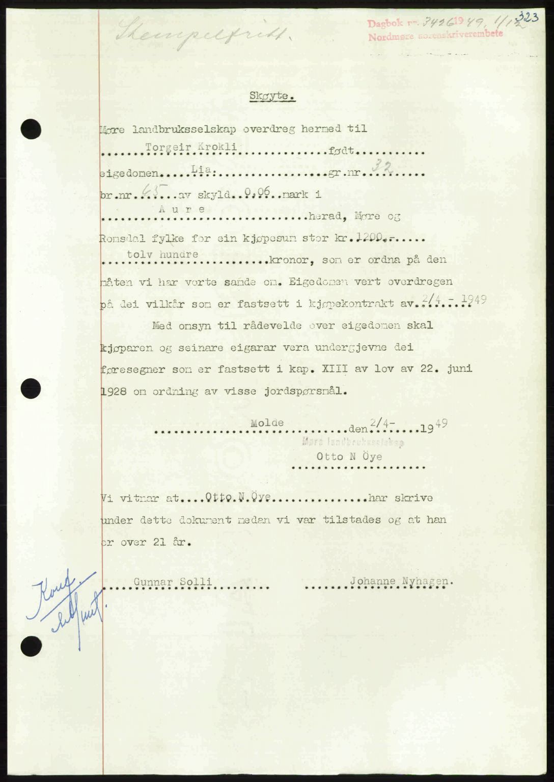 Nordmøre sorenskriveri, AV/SAT-A-4132/1/2/2Ca: Mortgage book no. A113, 1949-1950, Diary no: : 3426/1949