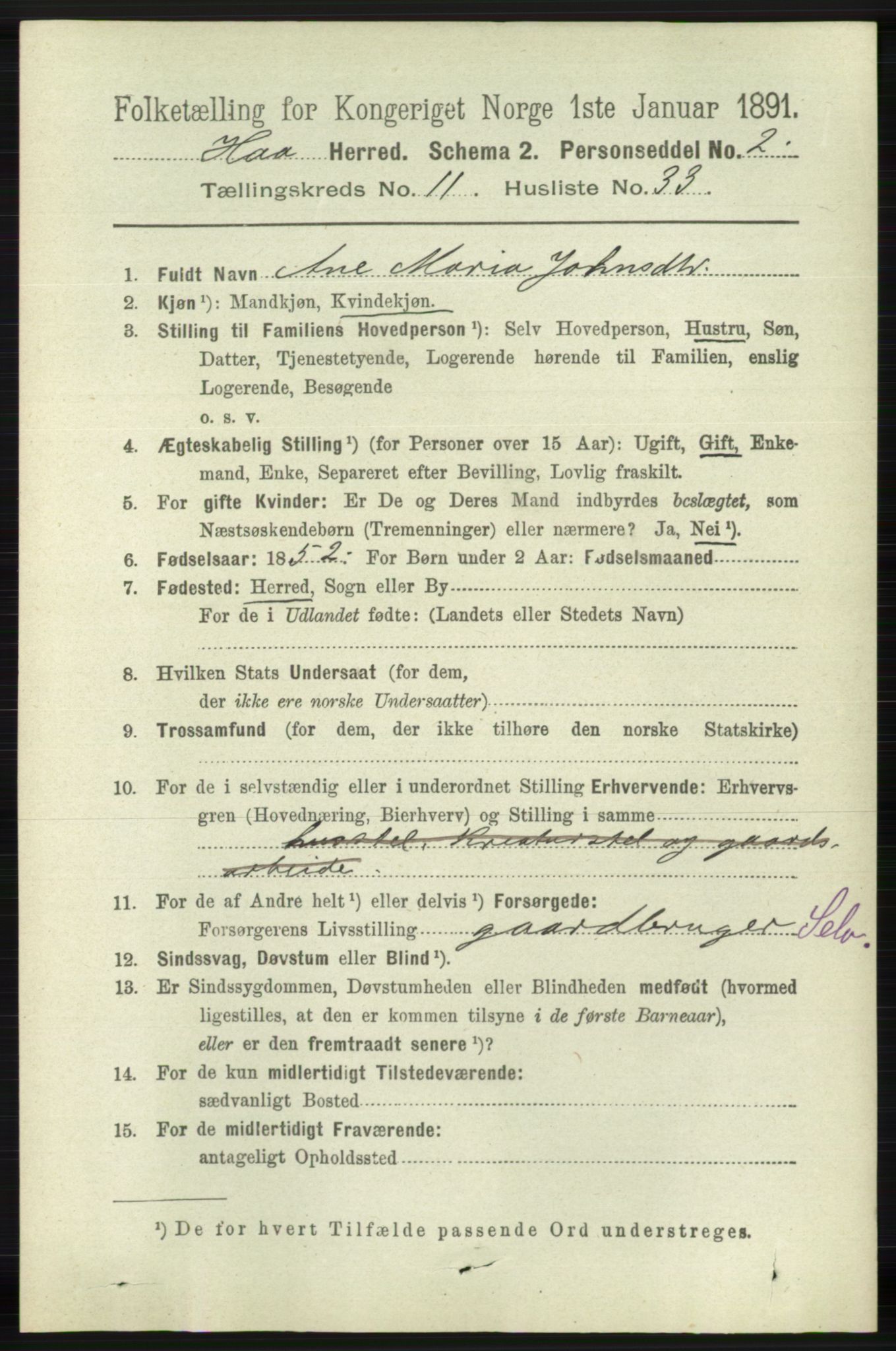 RA, 1891 census for 1119 Hå, 1891, p. 2832