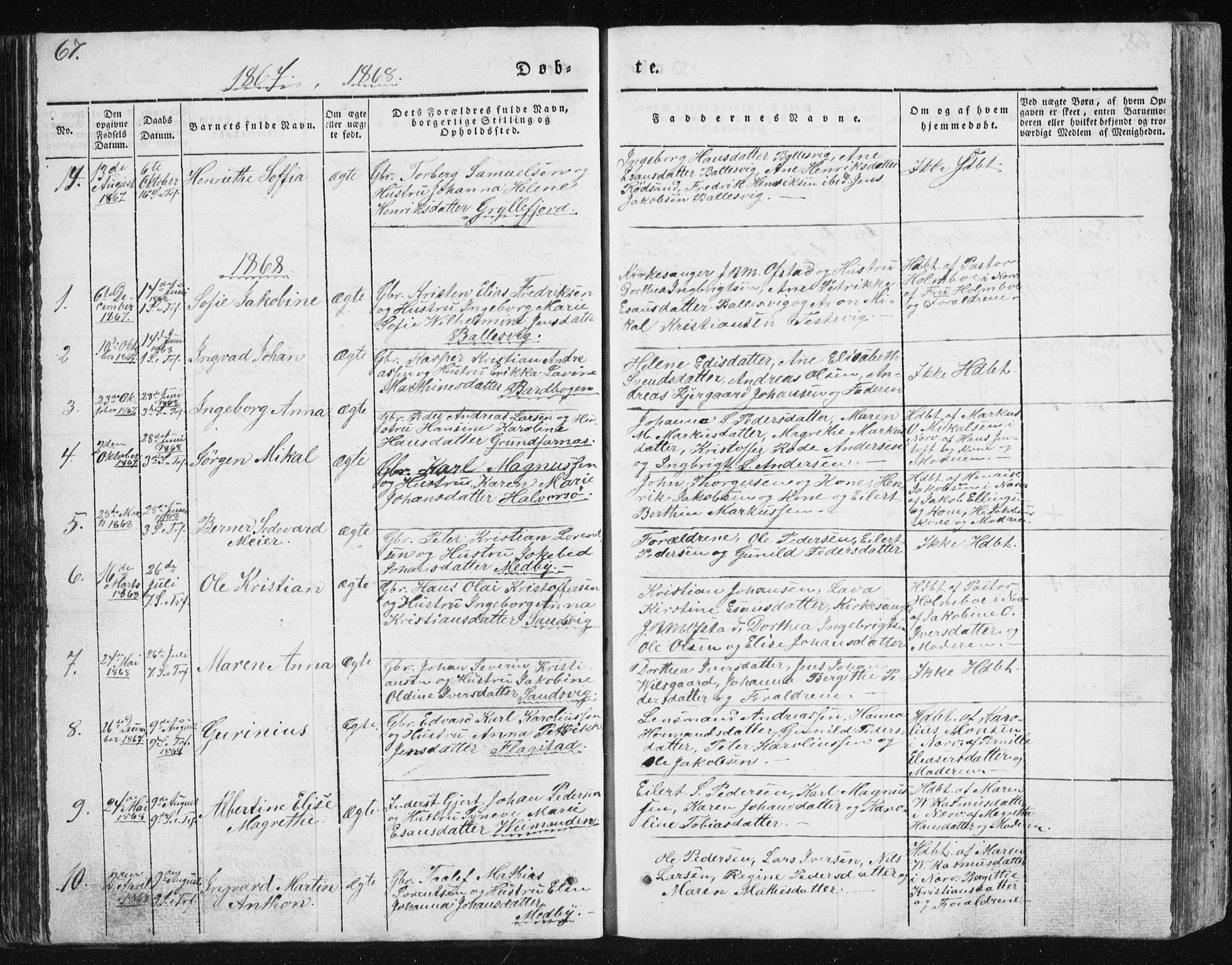 Berg sokneprestkontor, SATØ/S-1318/G/Ga/Gab/L0011klokker: Parish register (copy) no. 11, 1833-1878, p. 67