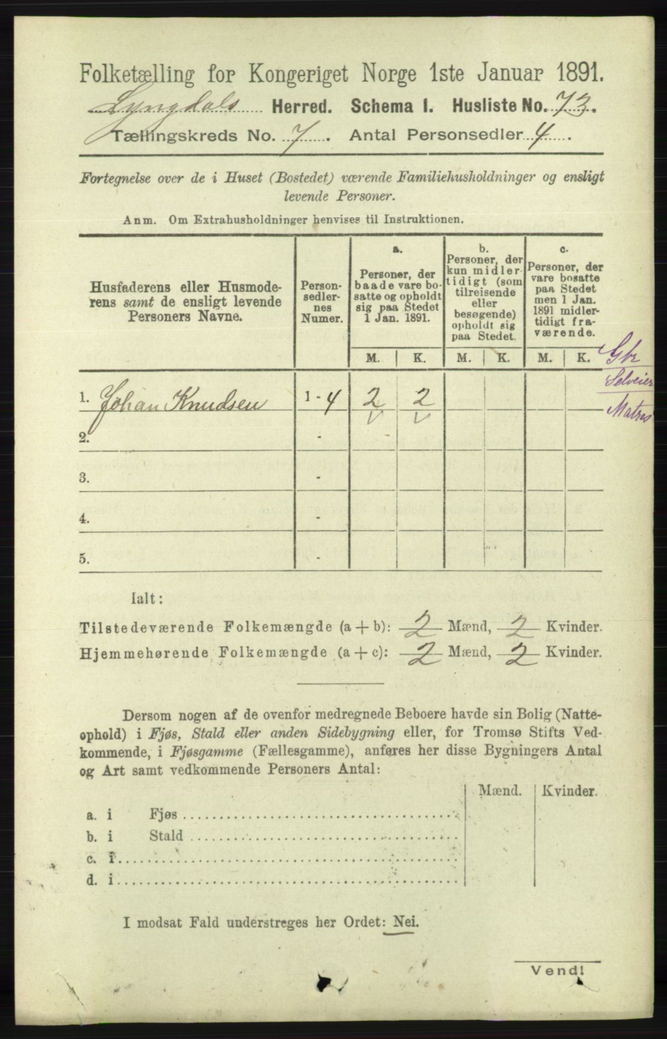 RA, 1891 census for 1032 Lyngdal, 1891, p. 2930