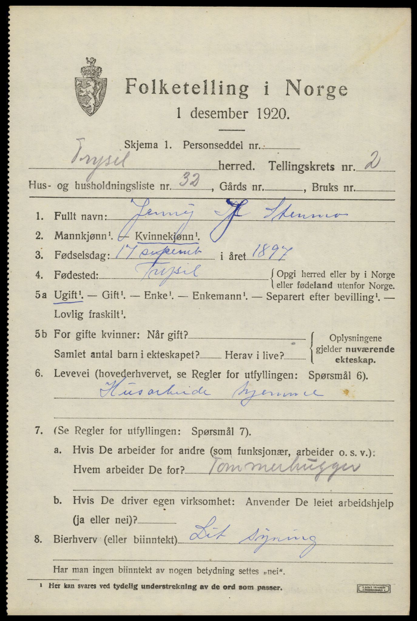SAH, 1920 census for Trysil, 1920, p. 3473