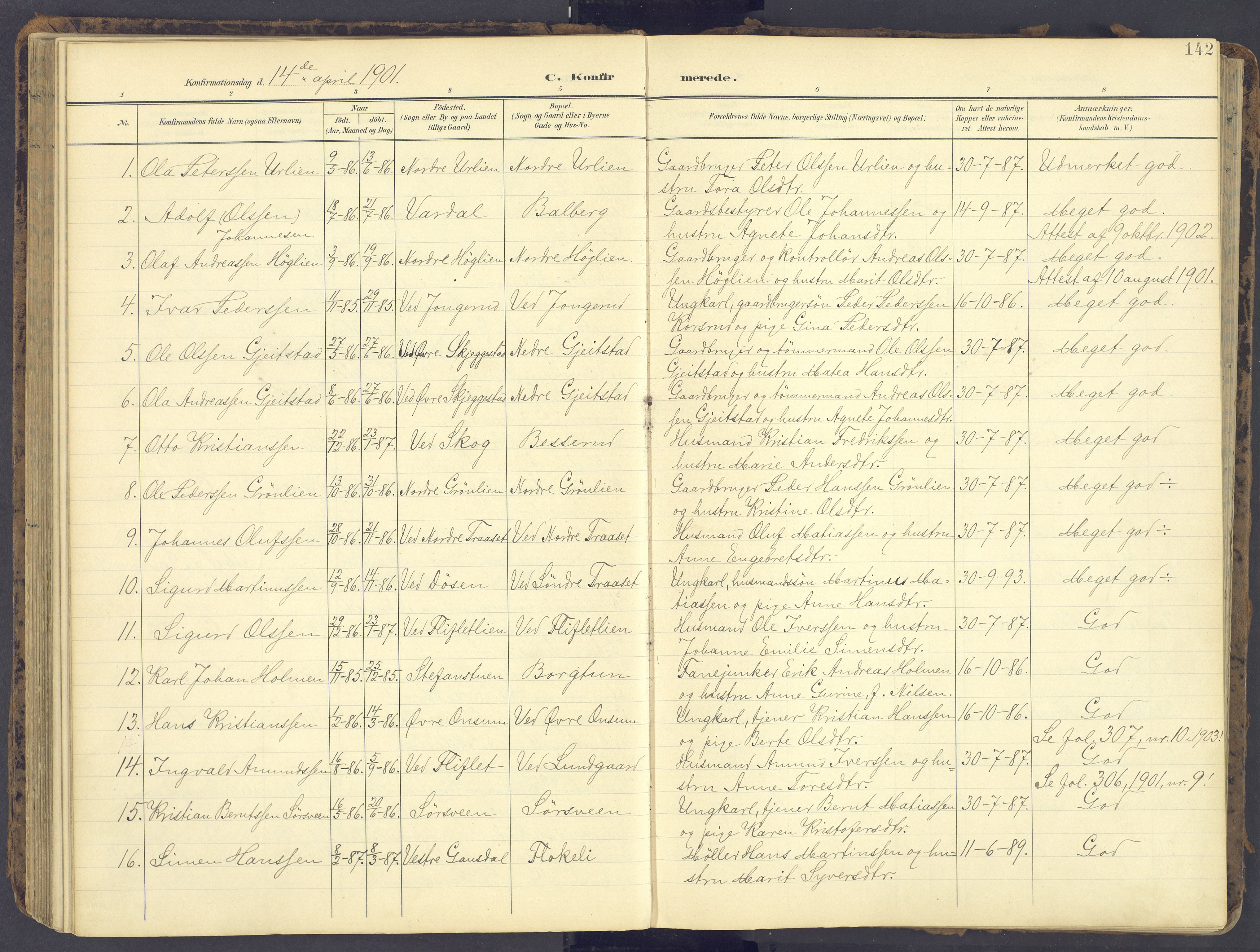 Fåberg prestekontor, AV/SAH-PREST-086/H/Ha/Haa/L0012: Parish register (official) no. 12, 1899-1915, p. 142