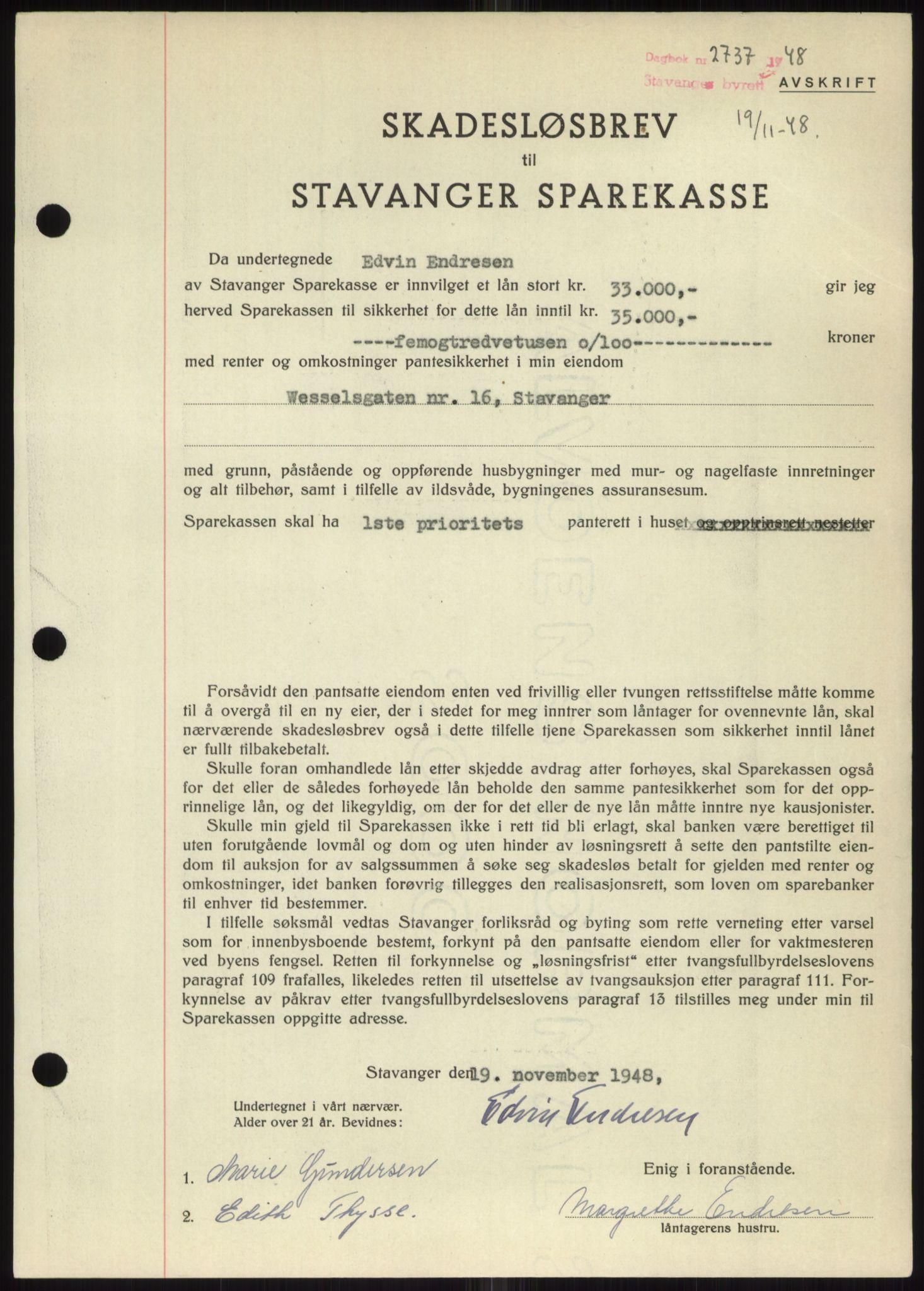 Stavanger byrett, SAST/A-100455/002/G/Gb/L0032: Mortgage book, 1947-1950, Diary no: : 2737/1948
