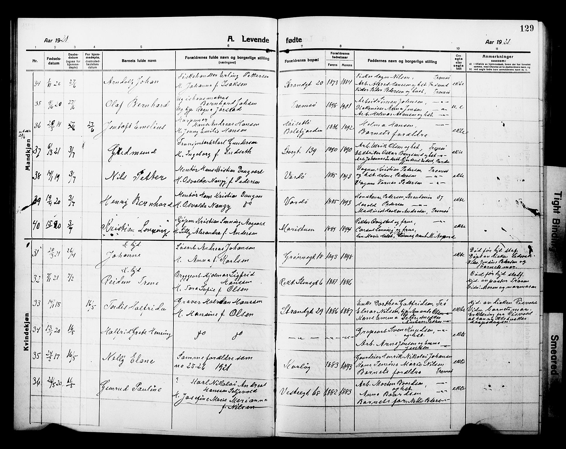 Tromsø sokneprestkontor/stiftsprosti/domprosti, AV/SATØ-S-1343/G/Gb/L0009klokker: Parish register (copy) no. 9, 1915-1925, p. 129