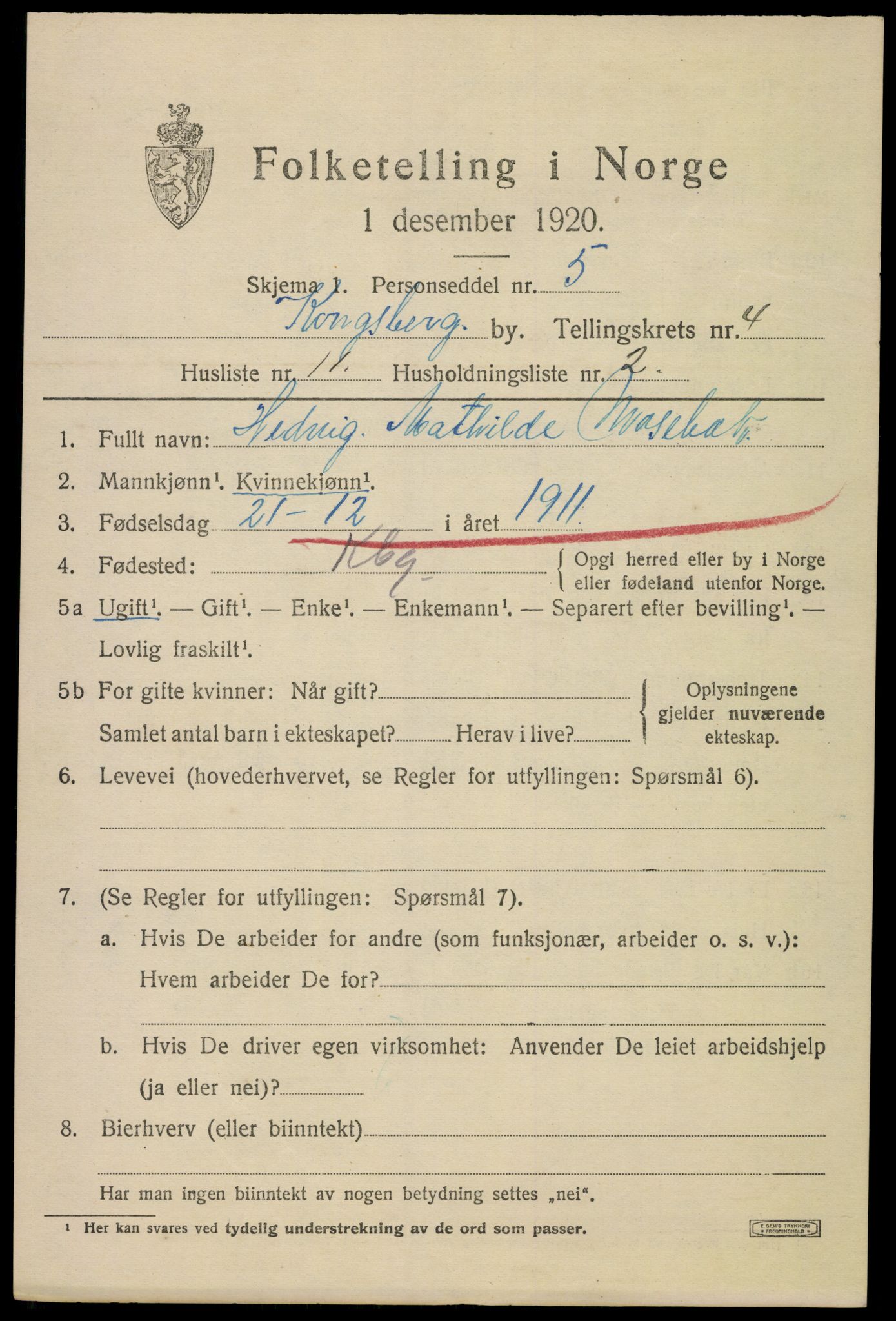 SAKO, 1920 census for Kongsberg, 1920, p. 11126