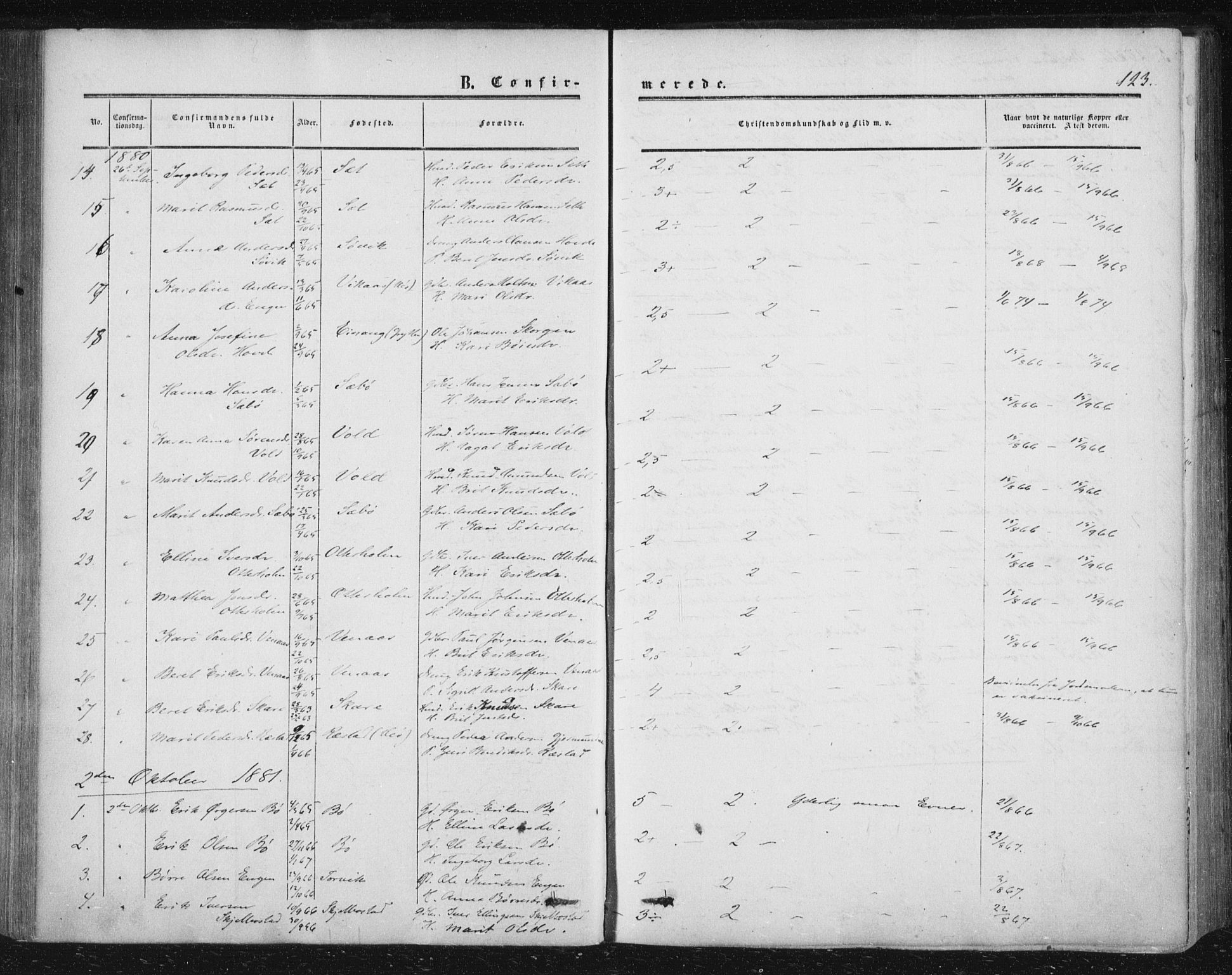 Ministerialprotokoller, klokkerbøker og fødselsregistre - Møre og Romsdal, AV/SAT-A-1454/543/L0562: Parish register (official) no. 543A02, 1854-1884, p. 123