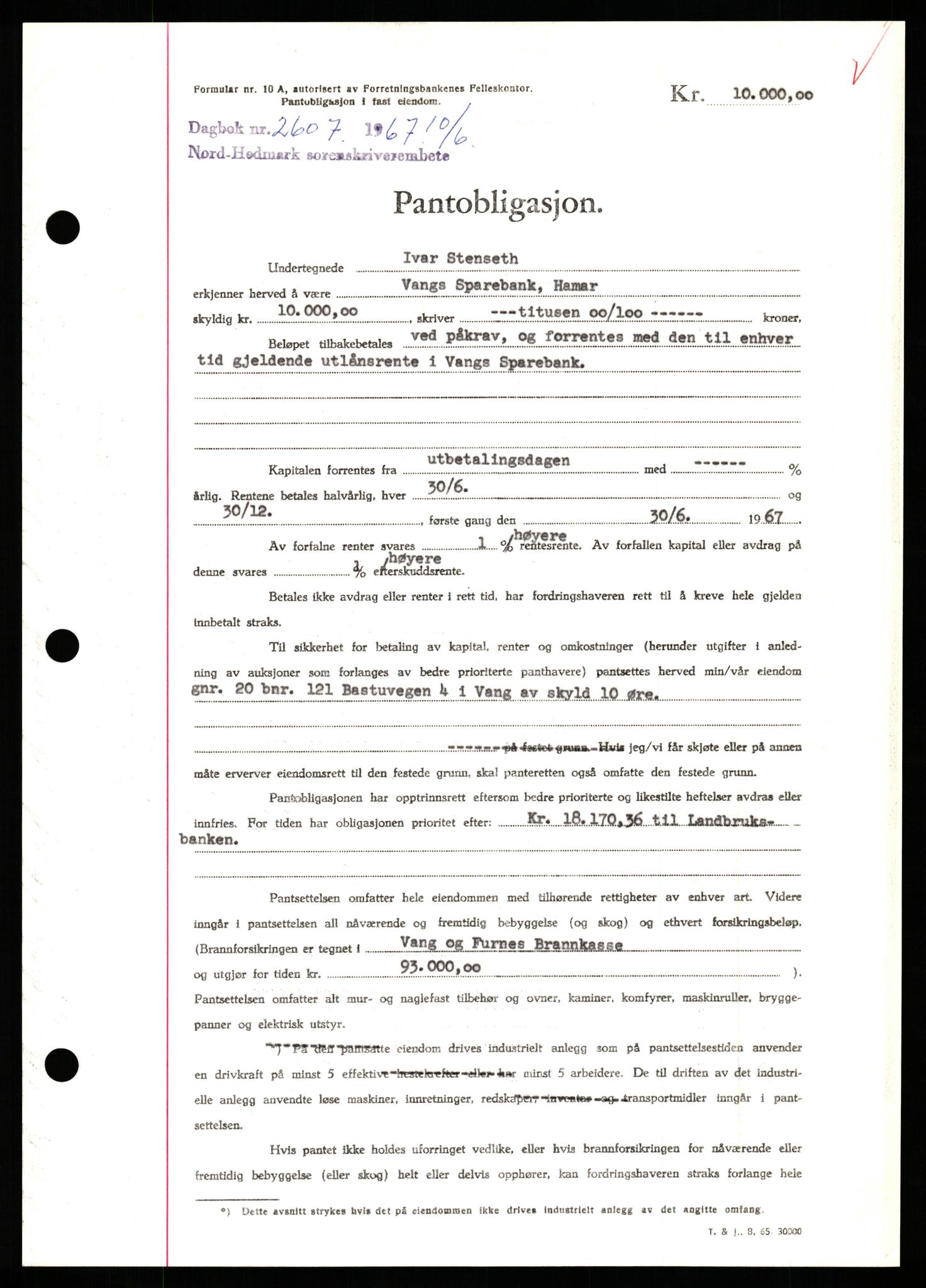 Nord-Hedmark sorenskriveri, SAH/TING-012/H/Hb/Hbf/L0071: Mortgage book no. B71, 1967-1967, Diary no: : 2607/1967