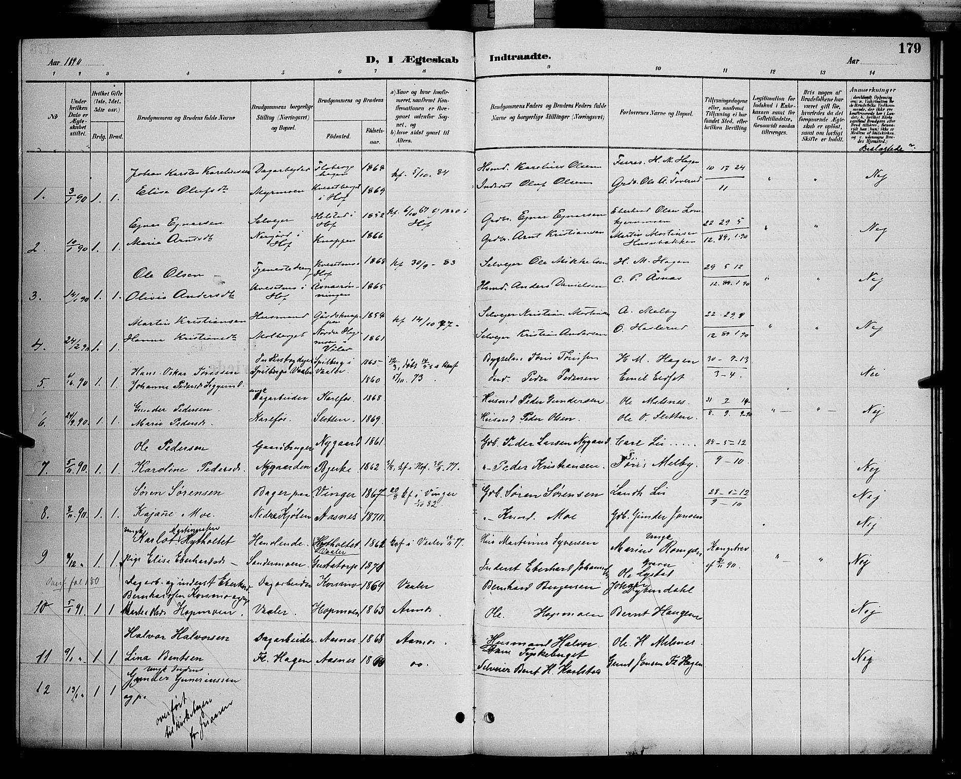 Åsnes prestekontor, SAH/PREST-042/H/Ha/Hab/L0001: Parish register (copy) no. 1, 1890-1891, p. 179