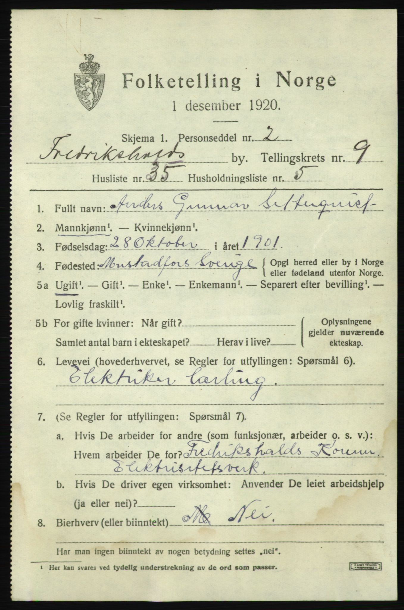 SAO, 1920 census for Fredrikshald, 1920, p. 16685