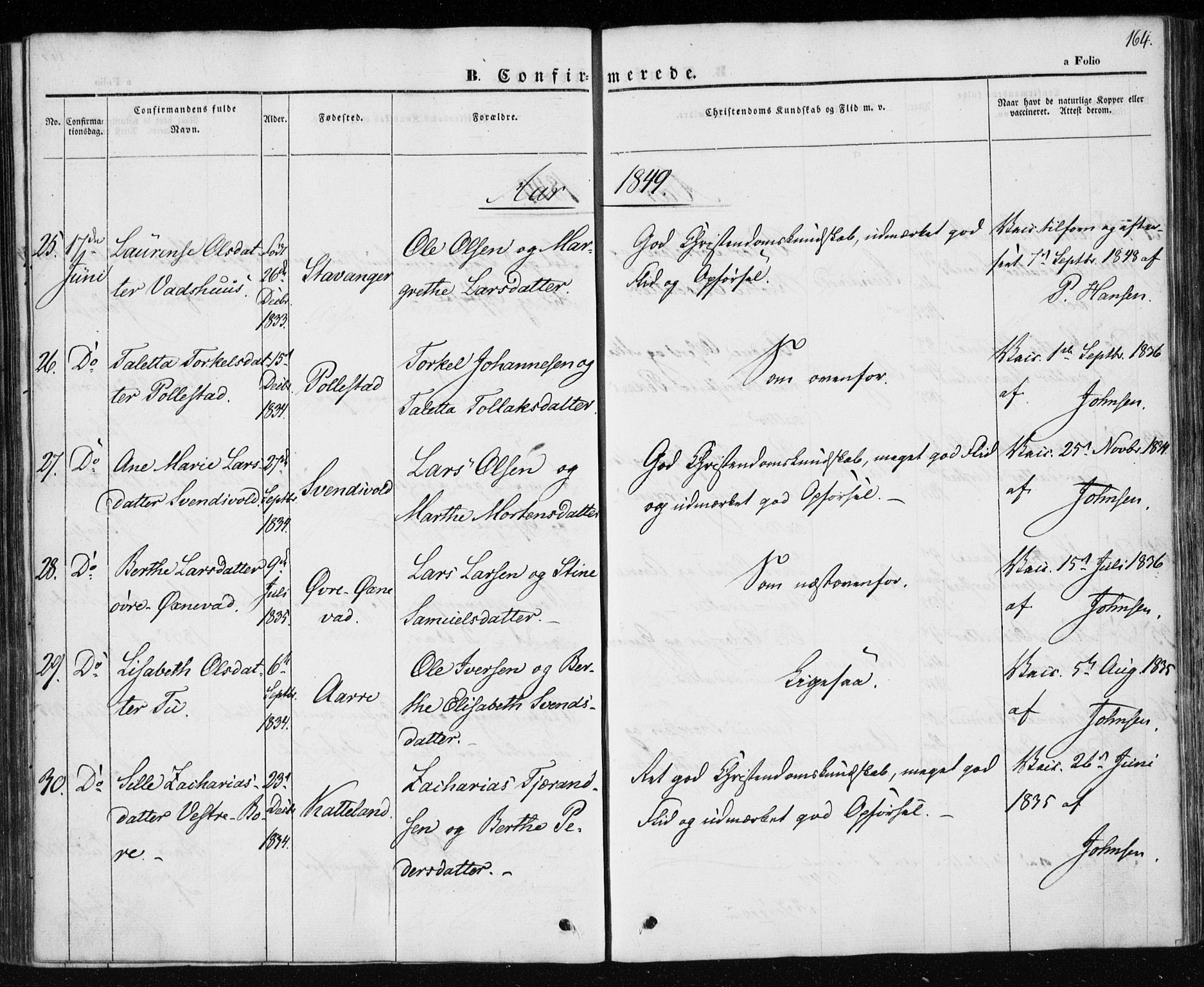 Klepp sokneprestkontor, SAST/A-101803/001/3/30BA/L0004: Parish register (official) no. A 4, 1842-1852, p. 164