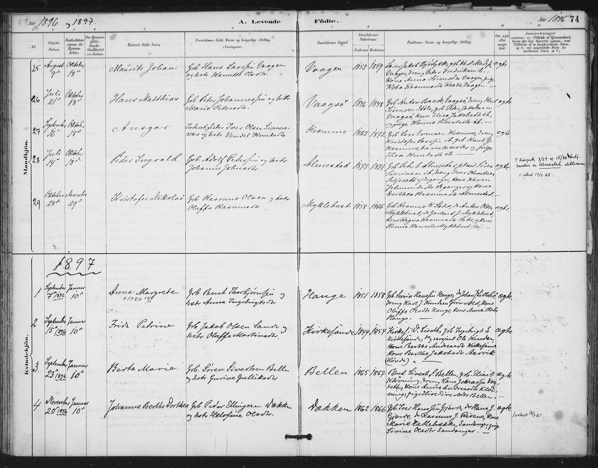 Ministerialprotokoller, klokkerbøker og fødselsregistre - Møre og Romsdal, AV/SAT-A-1454/503/L0037: Parish register (official) no. 503A05, 1884-1900, p. 74