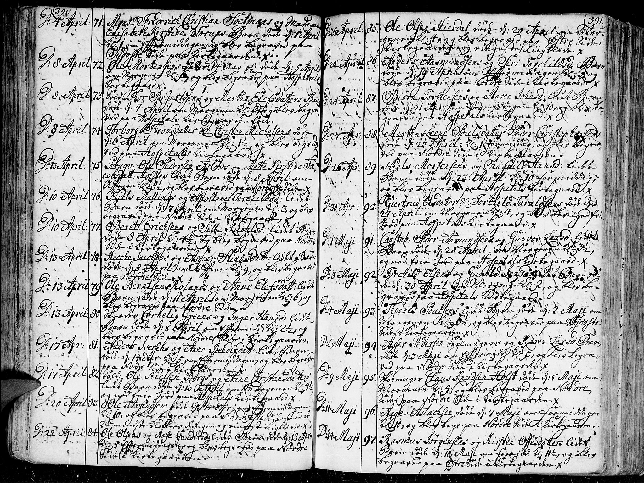 Kristiansand domprosti, AV/SAK-1112-0006/F/Fa/L0001: Parish register (official) no. A 1, 1734-1793, p. 390-391