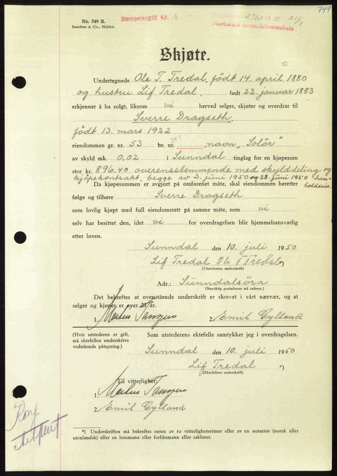 Nordmøre sorenskriveri, AV/SAT-A-4132/1/2/2Ca: Mortgage book no. A115, 1950-1950, Diary no: : 2361/1950