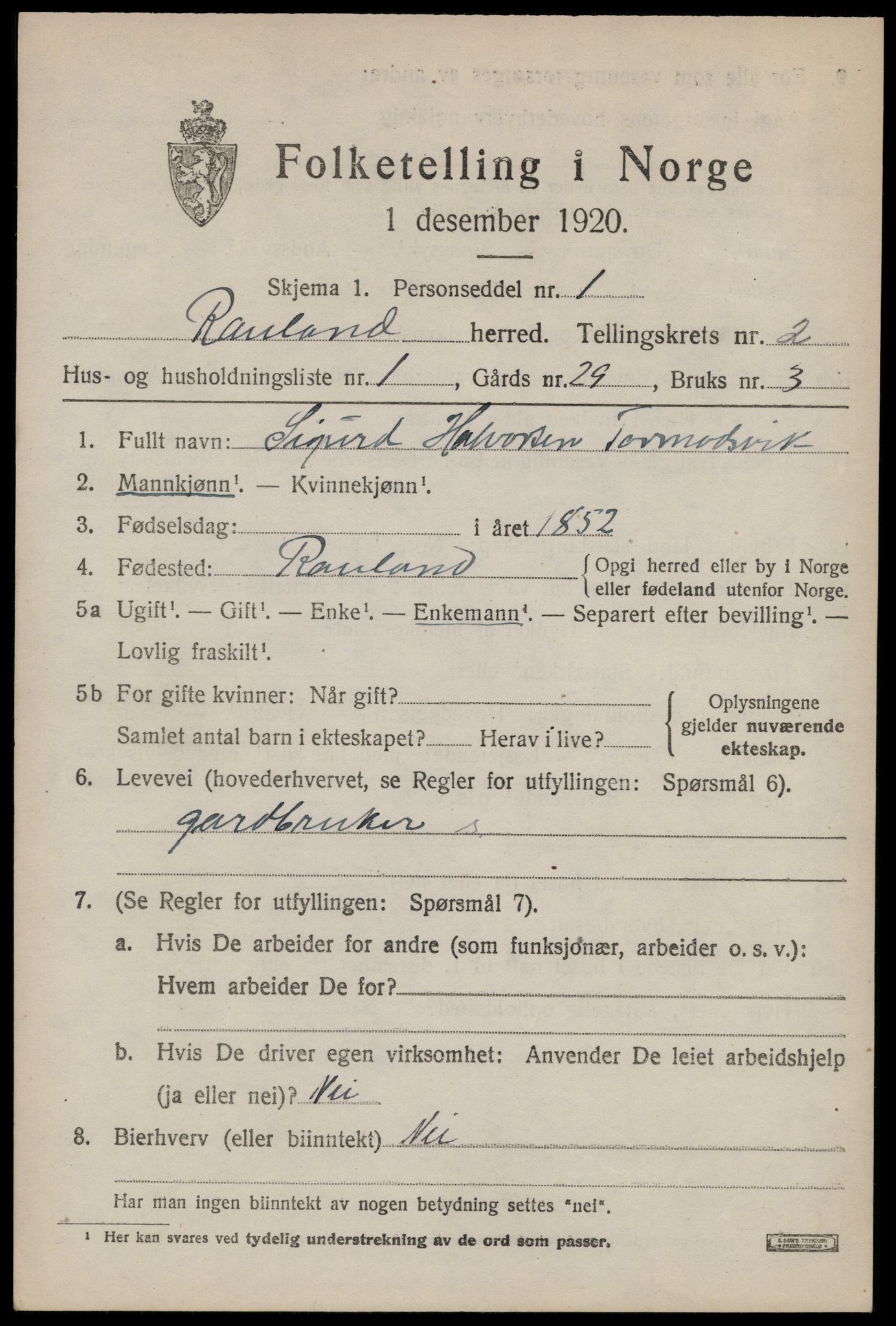 SAKO, 1920 census for Rauland, 1920, p. 614